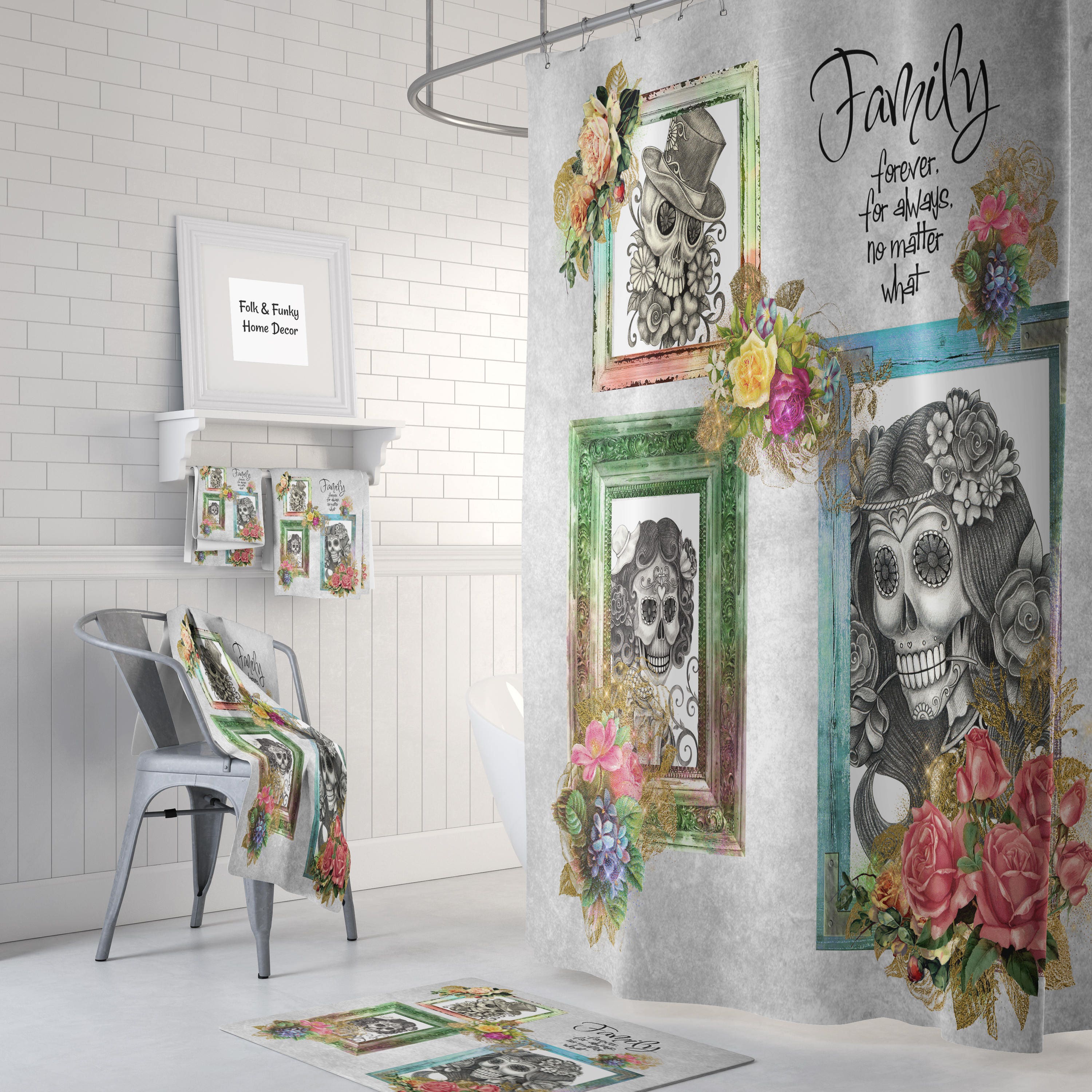Dia de los Muertos Shower Curtain featuring Sugar Skull Skeleton Portraits