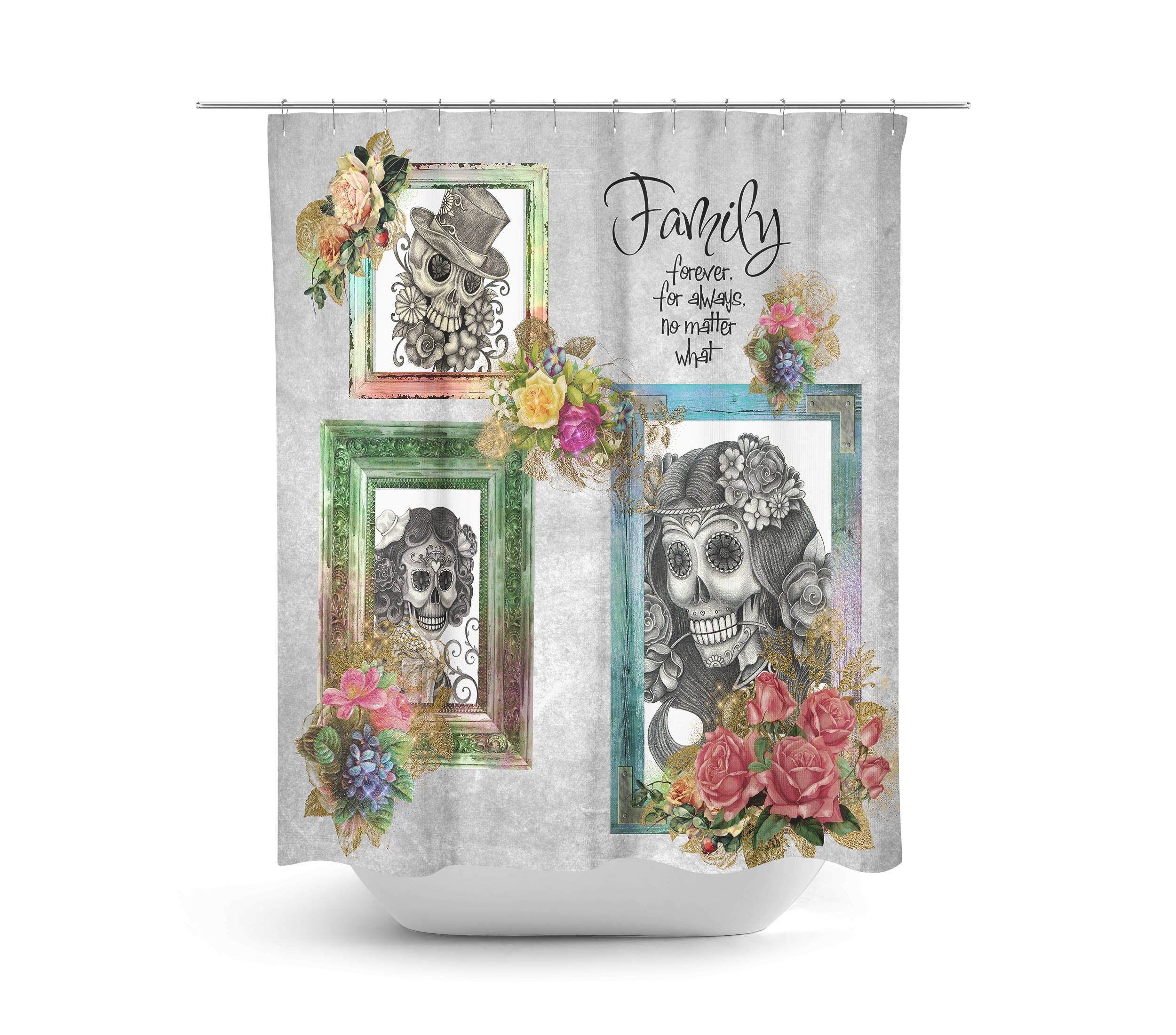 Dia de los Muertos Shower Curtain featuring Sugar Skull Skeleton Portraits - Image 2