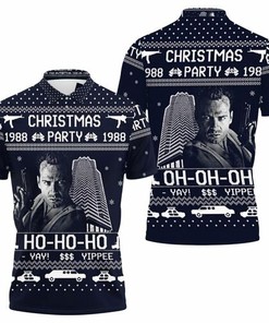 Die Hard 3D Sweater Style Polo Shirt with Christmas 1988 Party and Yippee Ki Yay Quote