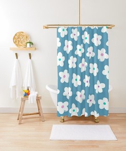 Disney Blue Floral Boho Shower Curtain, Chic and Eco-Friendly Design, Flowers, Waterproof Material with Hooks Included