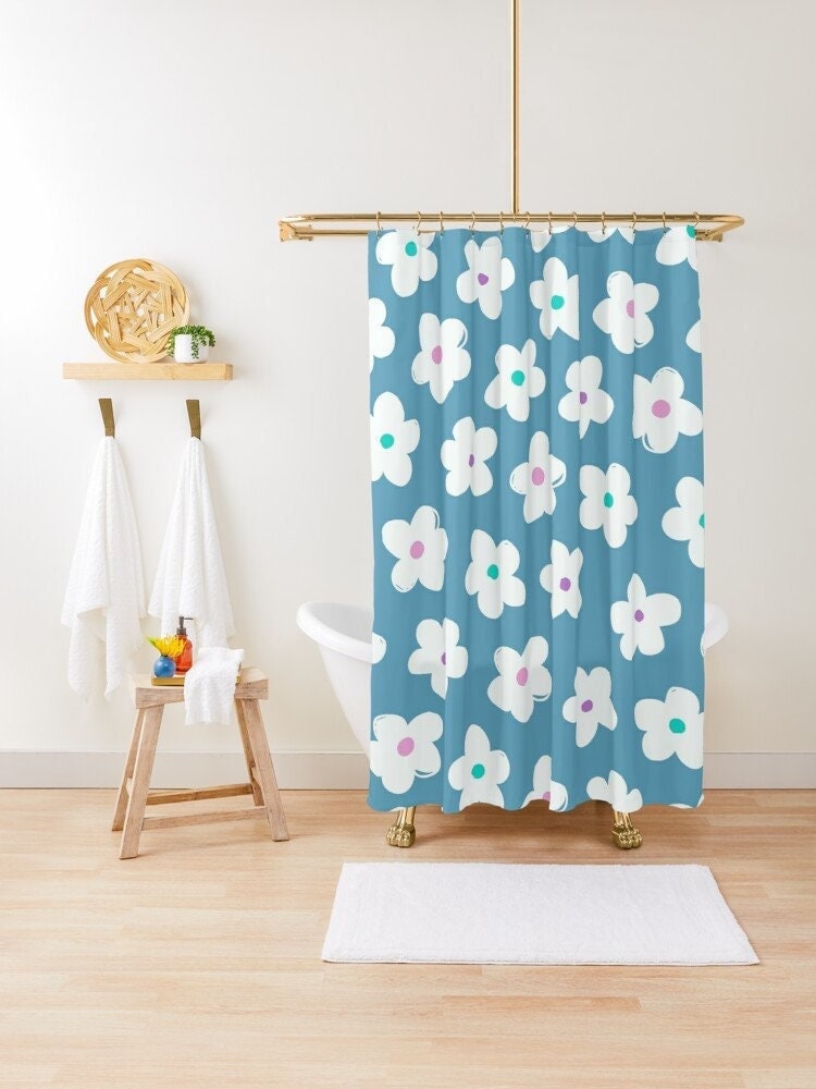Disney Blue Floral Boho Shower Curtain, Chic and Eco-Friendly Design, Flowers, Waterproof Material with Hooks Included