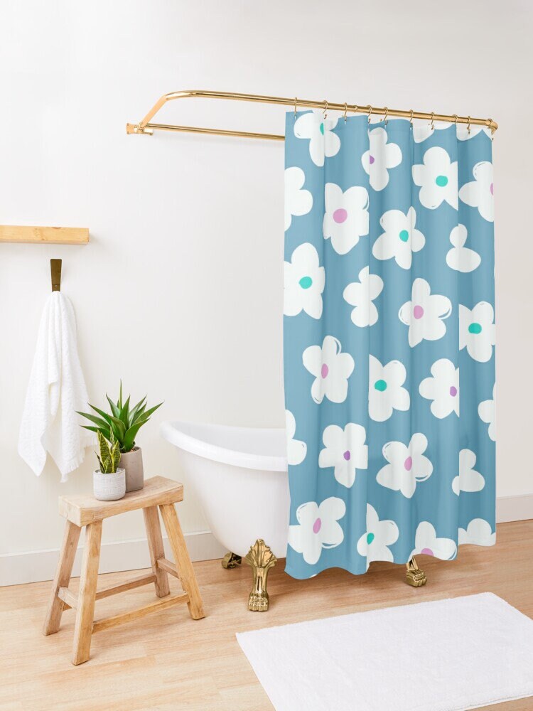Disney Blue Floral Boho Shower Curtain, Chic and Eco-Friendly Design, Flowers, Waterproof Material with Hooks Included - Image 2