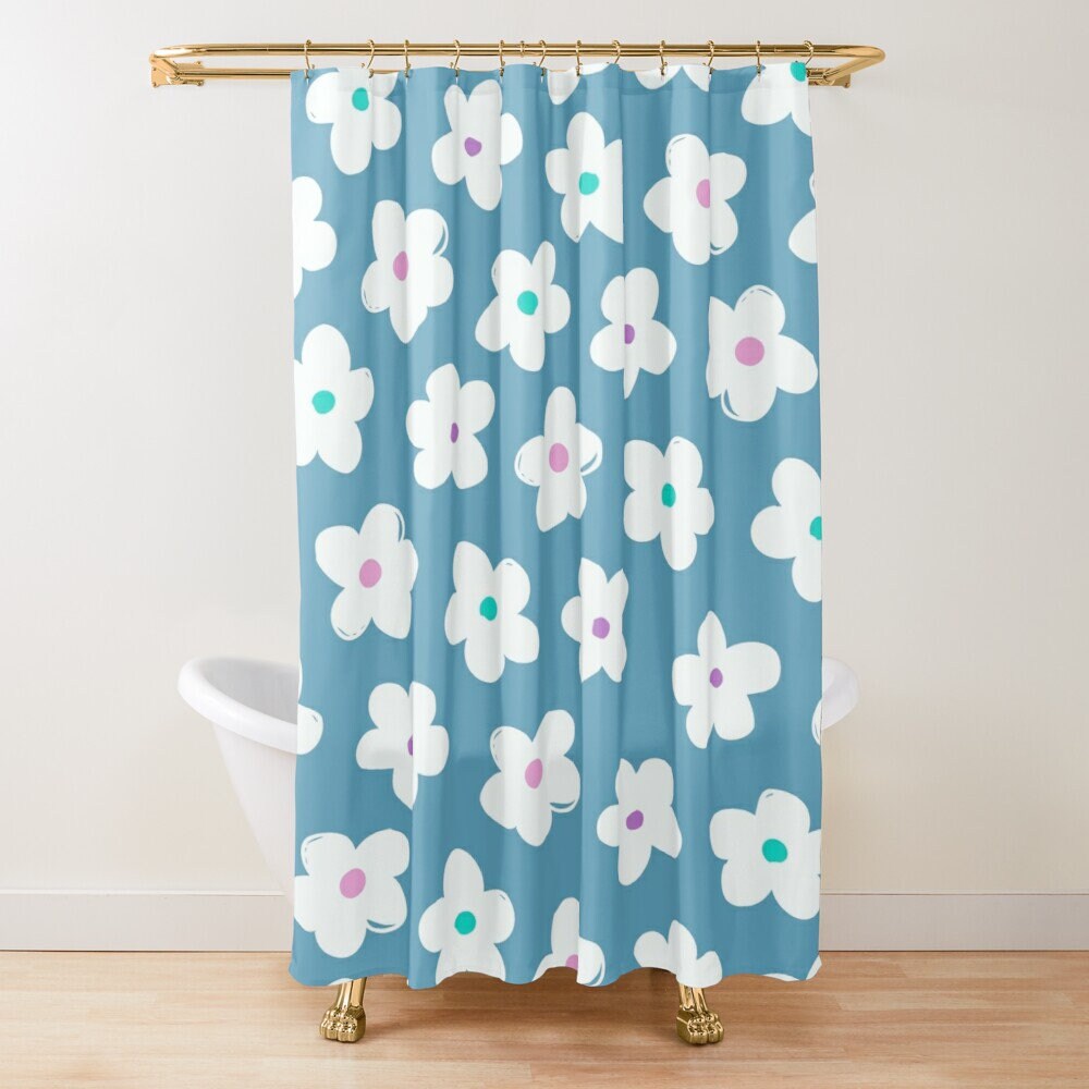 Disney Blue Floral Boho Shower Curtain, Chic and Eco-Friendly Design, Flowers, Waterproof Material with Hooks Included - Image 3