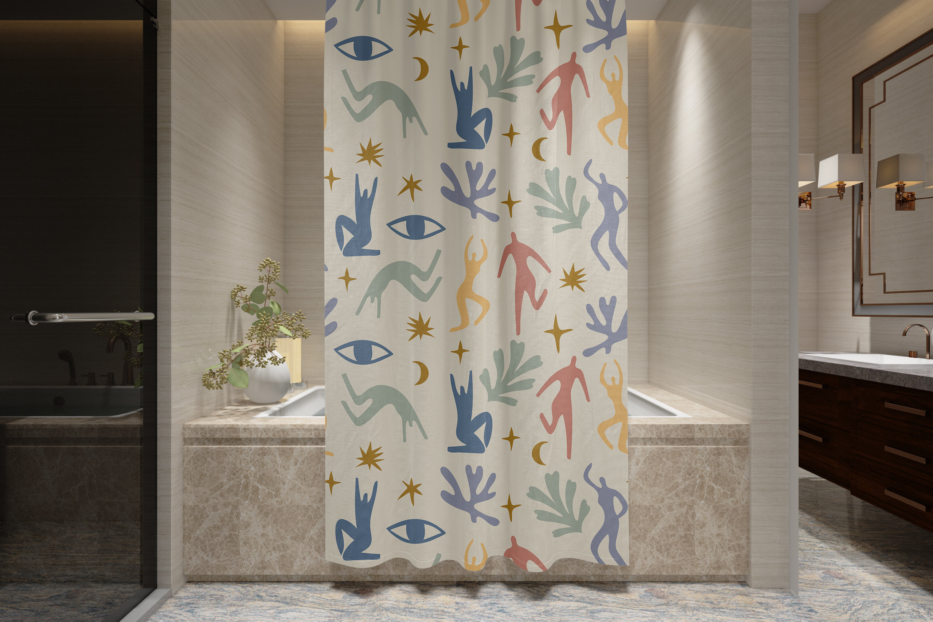 Disney Boho Abstract Matisse Patterns Shower Curtain, Trendy and Eco-Friendly Waterproof Decor with Hooks Included