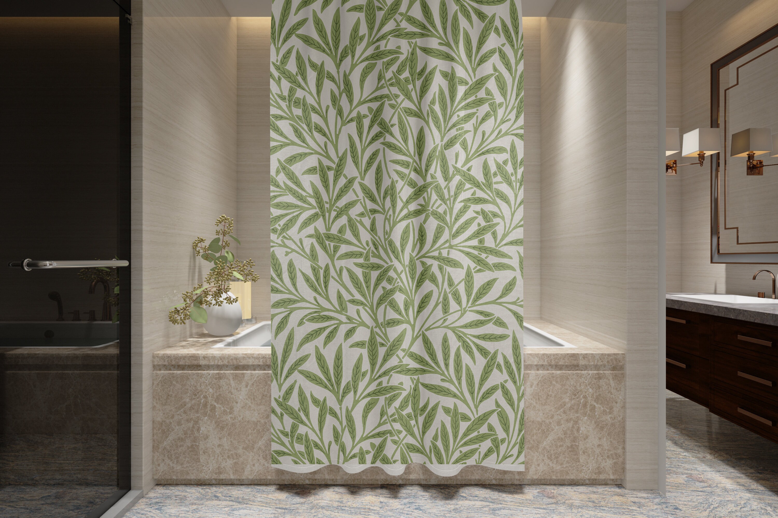 Disney Boho Botanical Shower Curtain, Eco-Friendly Waterproof Art Nouveau Green Leaves Tropical Decor with Hooks