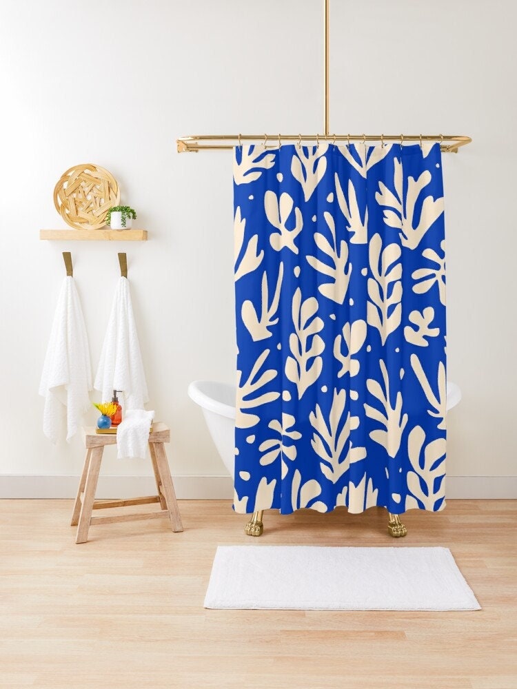 Disney Boho Mid-Century Abstract Patterns Blue Shower Curtain, Matisse Design