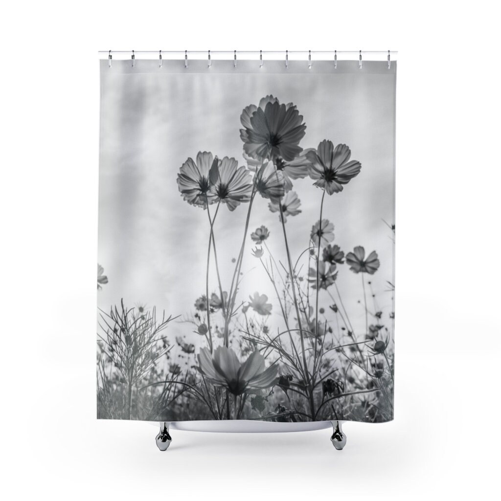 Disney Flower Cosmos Daisies Spring Shower Curtain in Black and White with a Vintage Touch