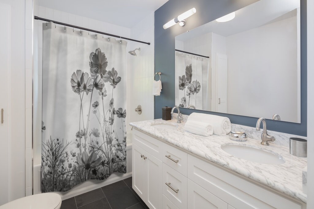 Disney Flower Cosmos Daisies Spring Shower Curtain in Black and White with a Vintage Touch - Image 2
