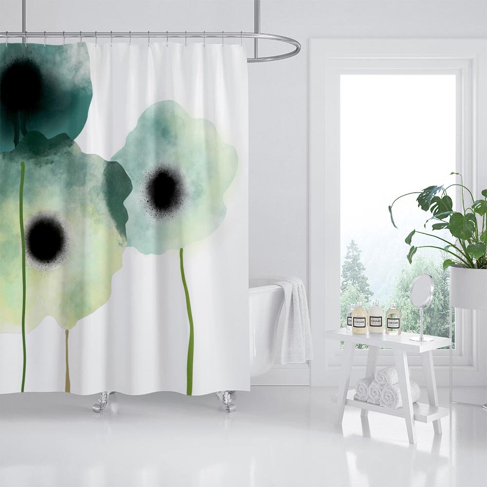 Disney Green Flower Shower Curtain, Ink Painting Flora Extra Thick Curtains with Hooks, Customized Sizes - Image 2