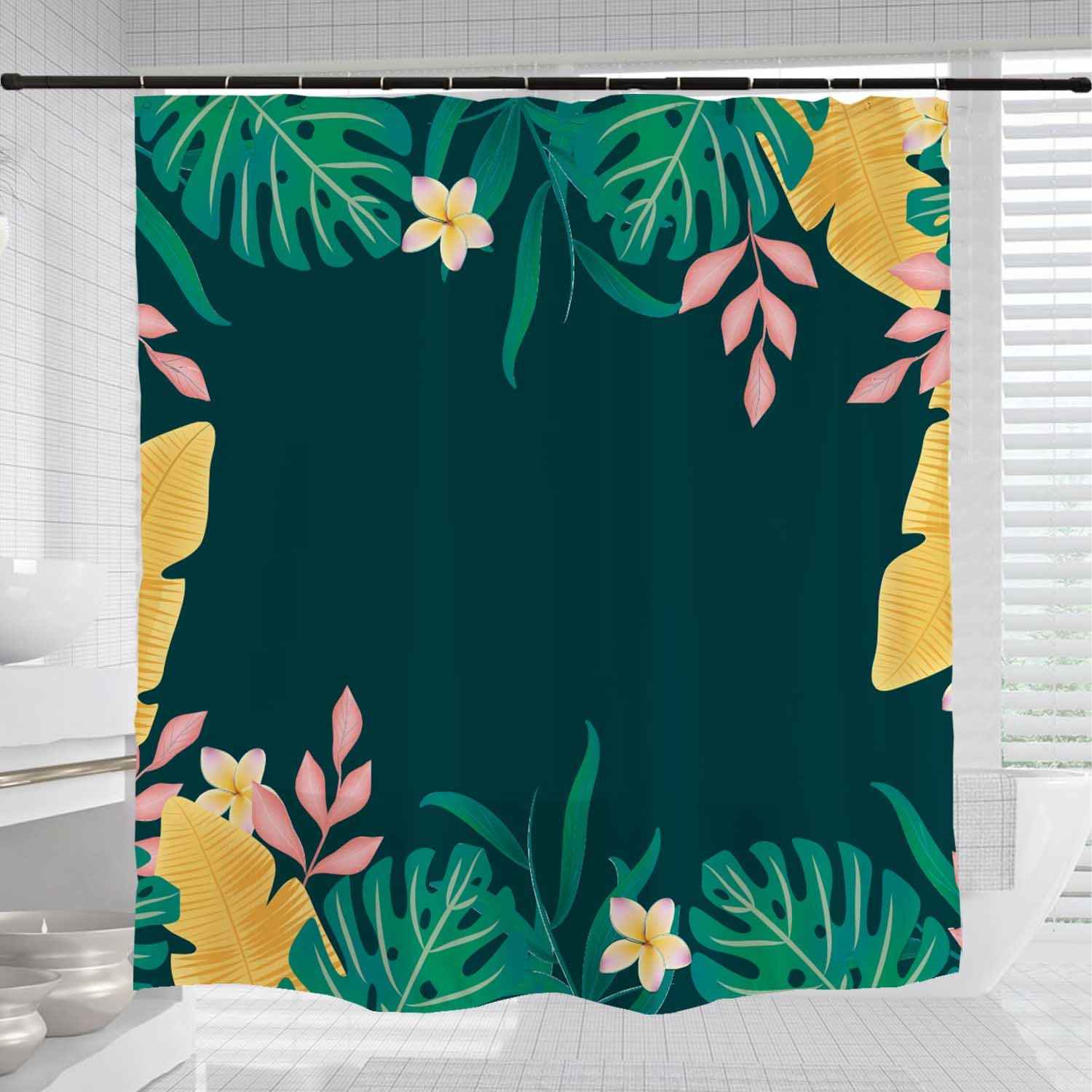 Disney Green Leaves Flowers Shower Curtain, Tropical Leaf Bathroom Decor, Custom Size Shower Curtains - Image 3