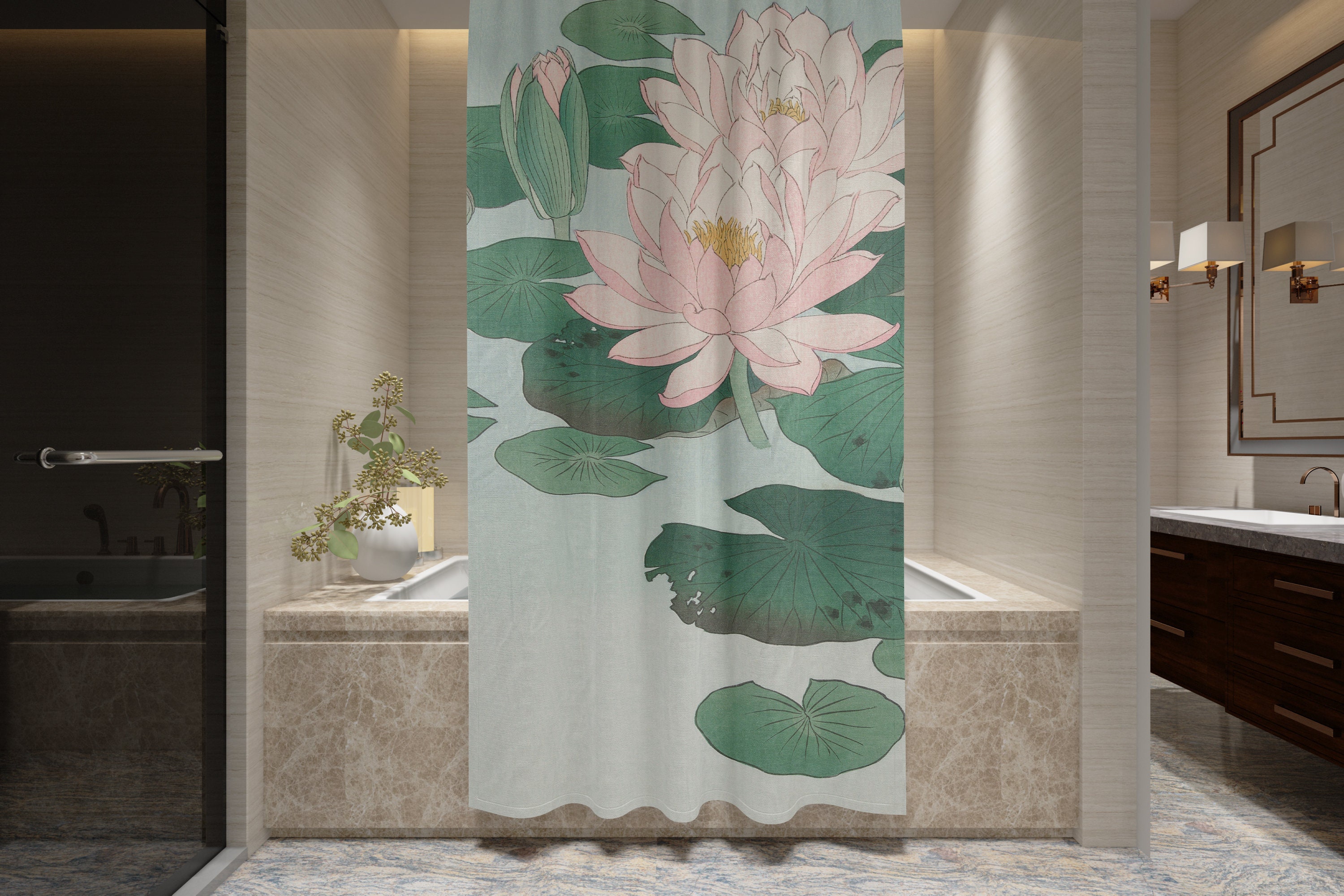 Disney Japanese Lotus Art Flower Shower Curtain, Vintage Bathroom Zen Print Decor, Artistic and Eco-Friendly Design
