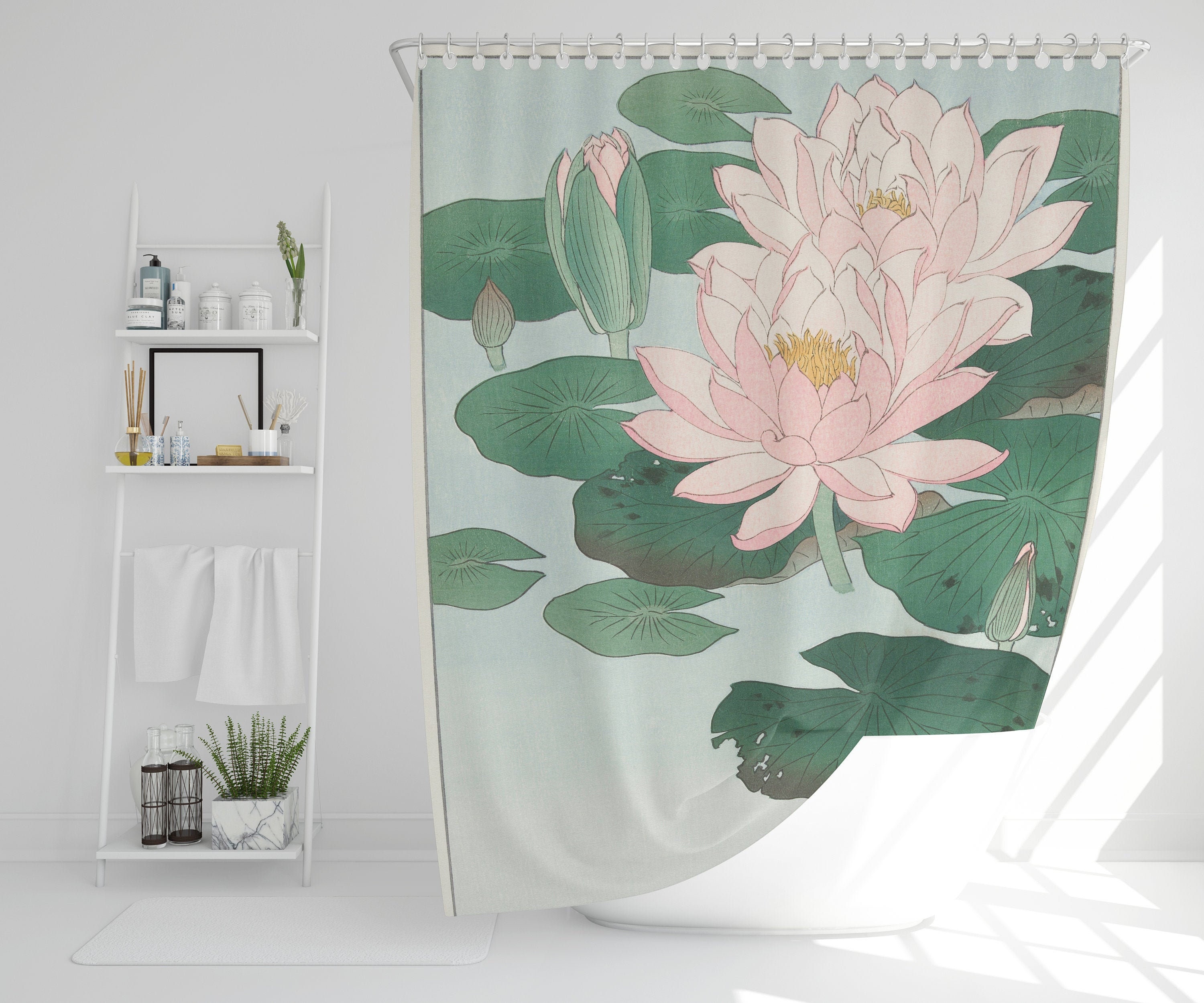 Disney Japanese Lotus Art Flower Shower Curtain, Vintage Bathroom Zen Print Decor, Artistic and Eco-Friendly Design - Image 2