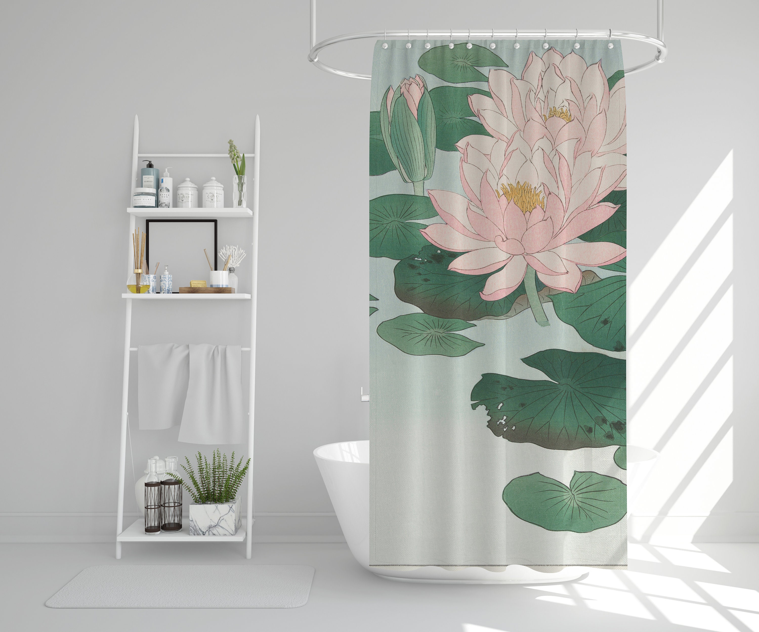 Disney Japanese Lotus Art Flower Shower Curtain, Vintage Bathroom Zen Print Decor, Artistic and Eco-Friendly Design - Image 3
