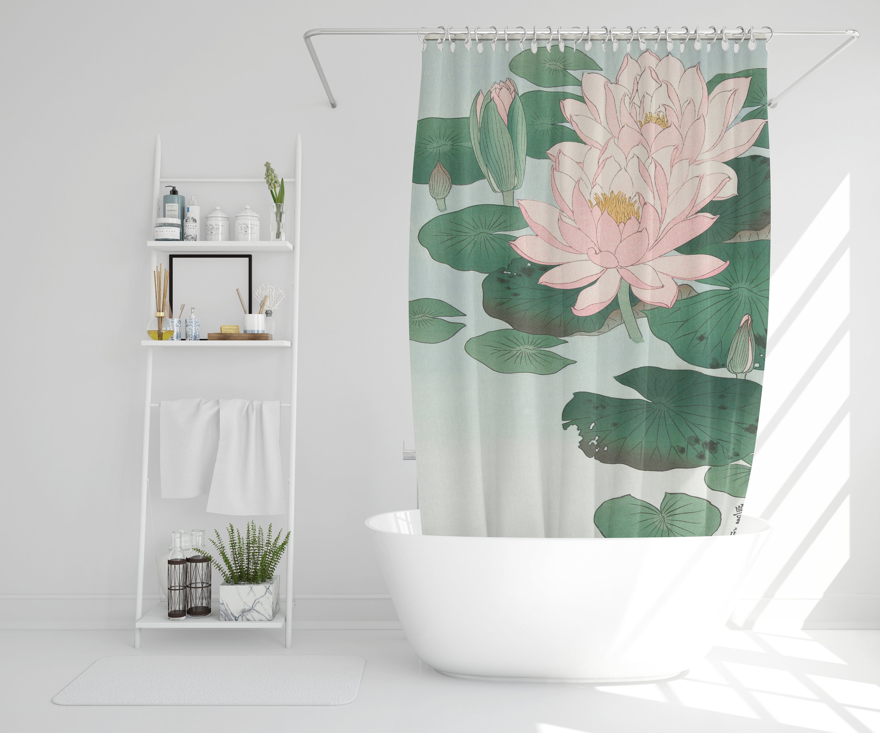 Disney Japanese Lotus Art Flower Shower Curtain, Vintage Bathroom Zen Print Decor, Artistic and Eco-Friendly Design - Image 4