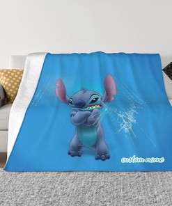 Disney Stitch Custom Name Printed 2-Layer Blanket - Soft Fleece Bedspread for Living Room, Bedroom or Sofa Covers