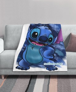 Disney Stitch Two Layers Blanket - Custom Name Printed Soft Fleece Bedspread for Christmas Gift or Home Decor
