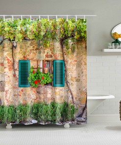 Disney Village Home Shower Curtain, Grapevine Blue Window Flowers Fabric Bathroom Curtain, Home Bathroom Decor