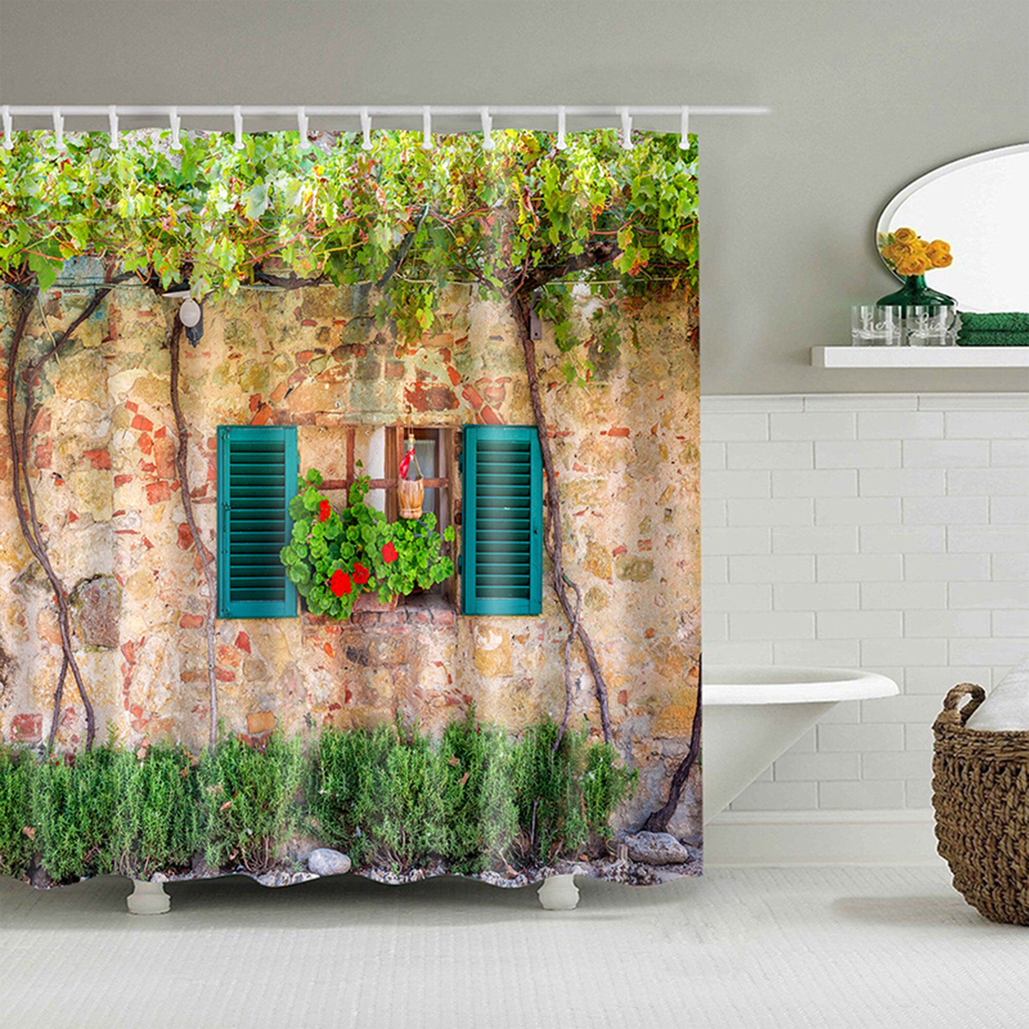 Disney Village Home Shower Curtain, Grapevine Blue Window Flowers Fabric Bathroom Curtain, Home Bathroom Decor