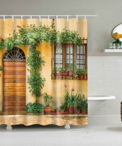 Disney Village home Shower Curtain, House Flower Leaves Garden Plant Fabric Bathroom Curtain