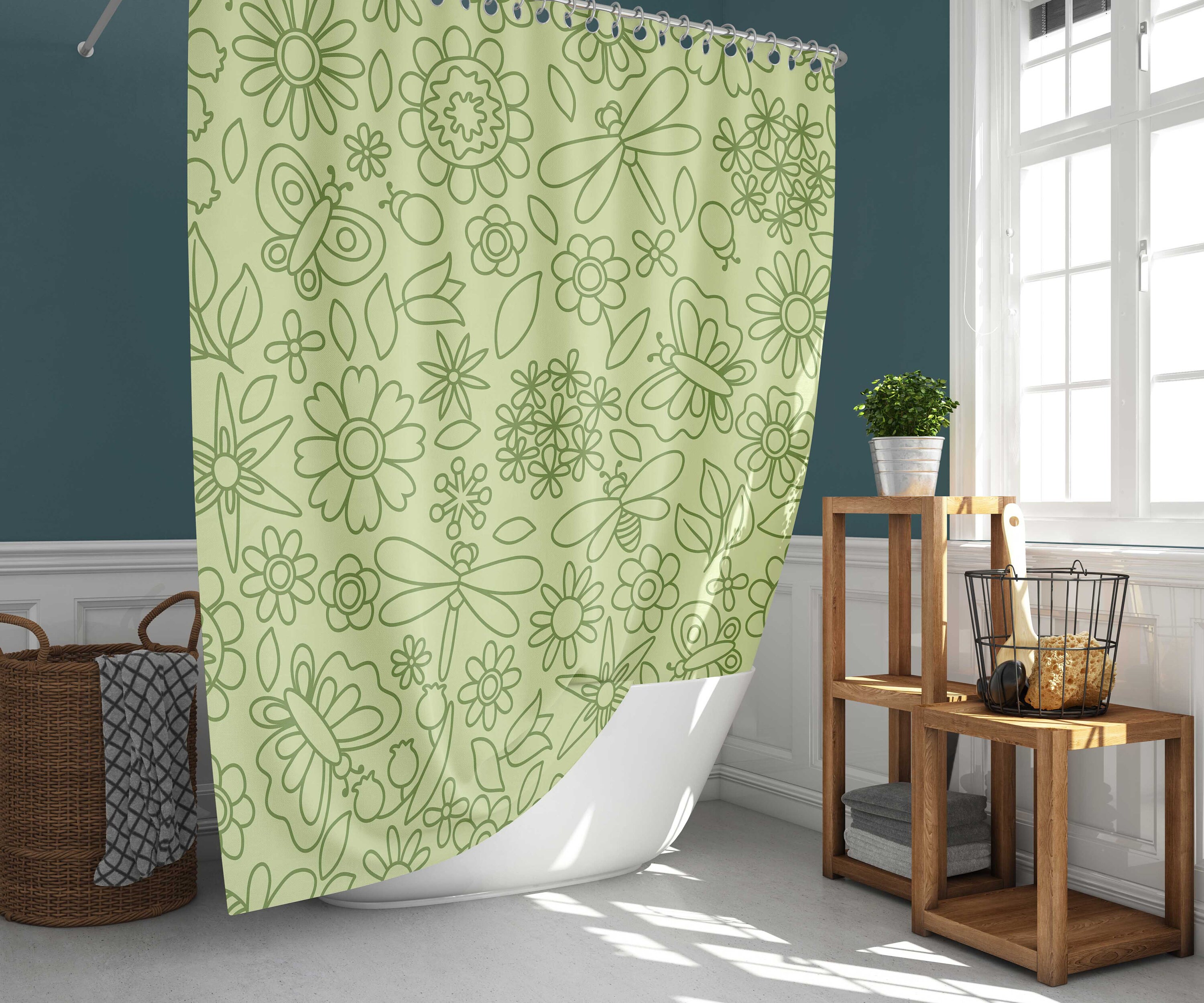 Dragonfly Shower Curtain | Botanical Forest Flowers | Graphic Fabric Bathroom Curtain Set | Home Bath Decor