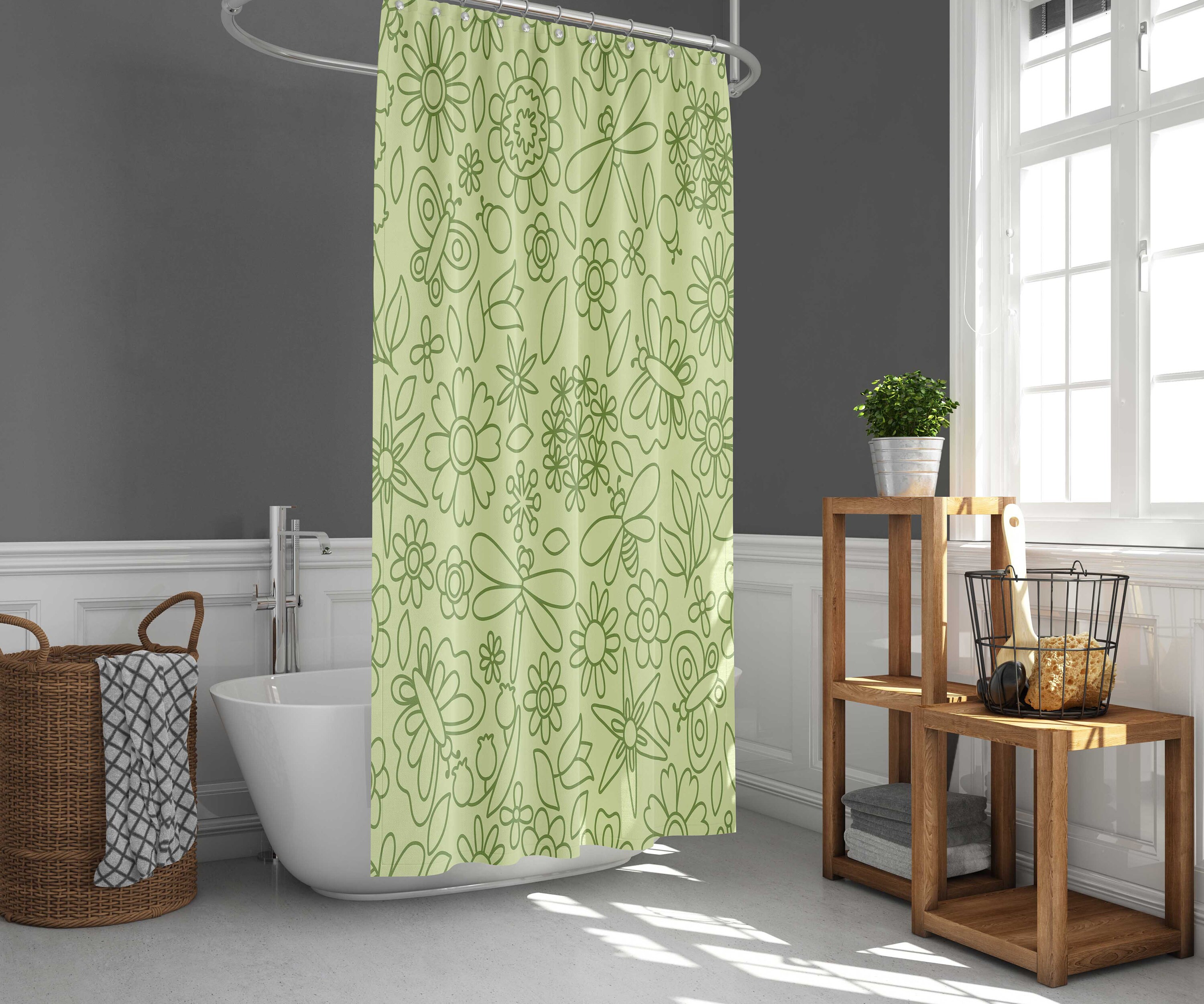 Dragonfly Shower Curtain | Botanical Forest Flowers | Graphic Fabric Bathroom Curtain Set | Home Bath Decor - Image 2