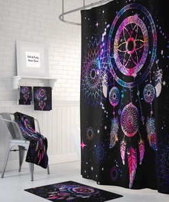 Dreamcatcher Boho Chic Shower Curtain, Bath Towels, Bath Mat with Travel Shower Curtain Print