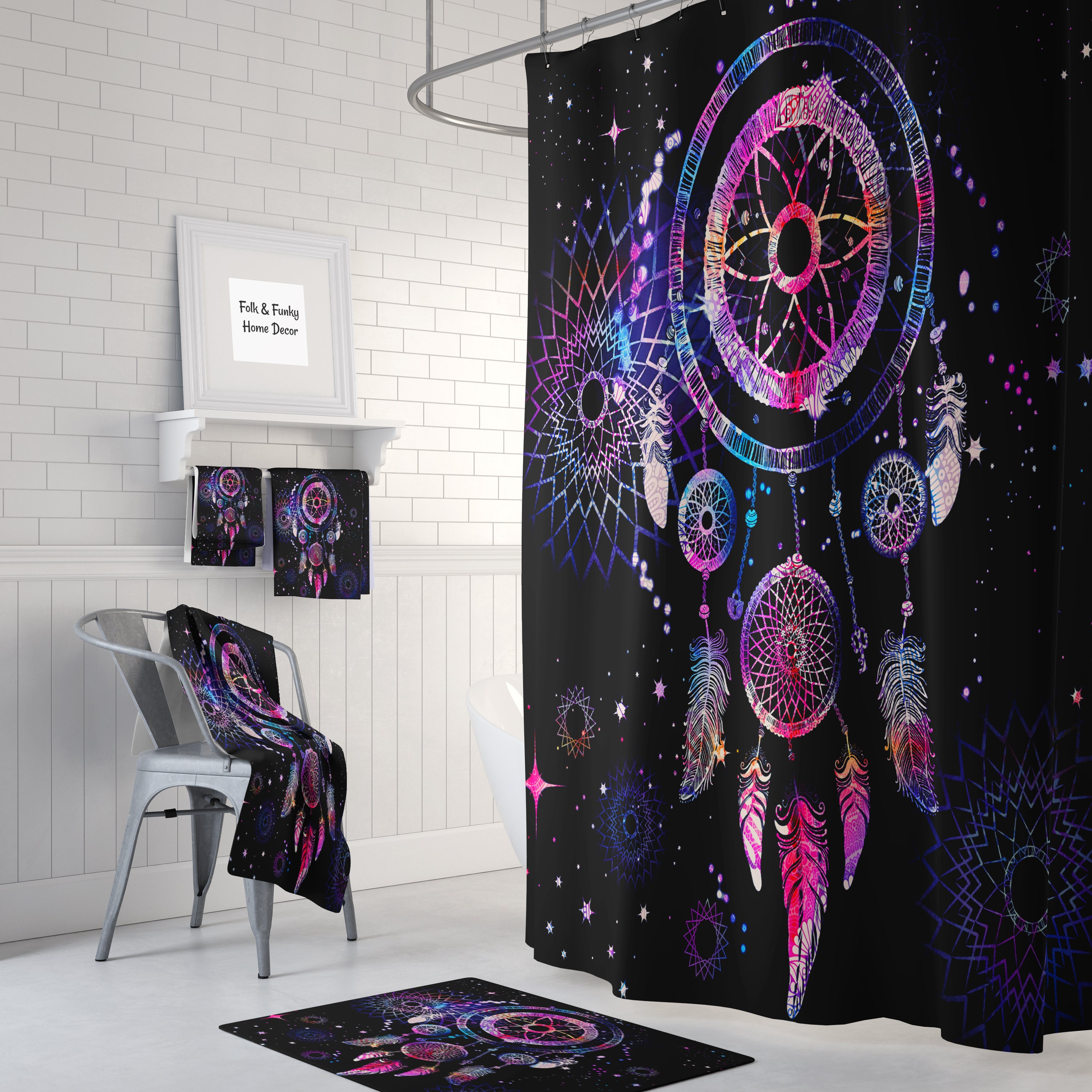 Dreamcatcher Boho Chic Shower Curtain, Bath Towels, Bath Mat with Travel Shower Curtain Print