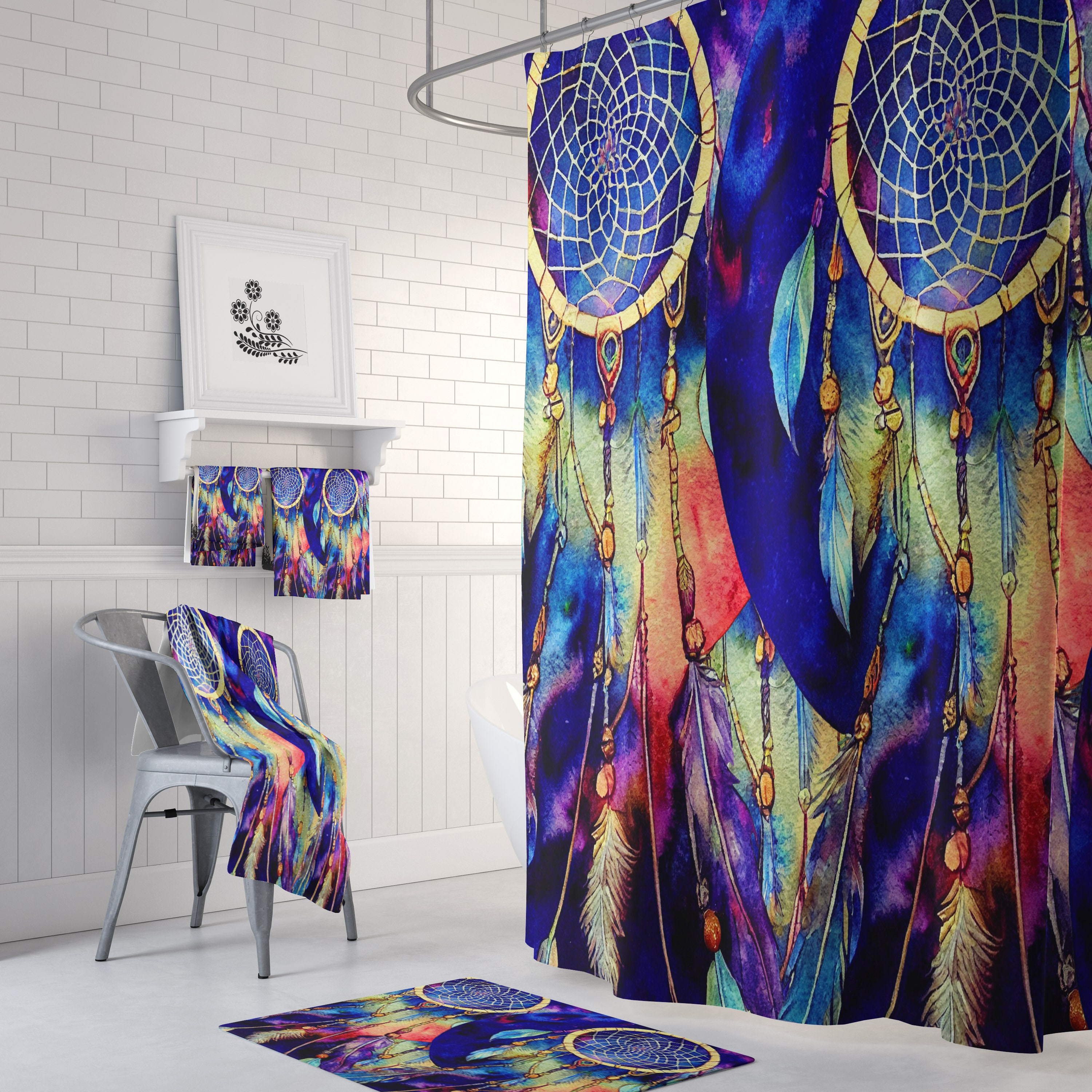 Dreamcatcher Collage Shower Curtain Set, Boho Bathroom Decor with Print Shower Curtain