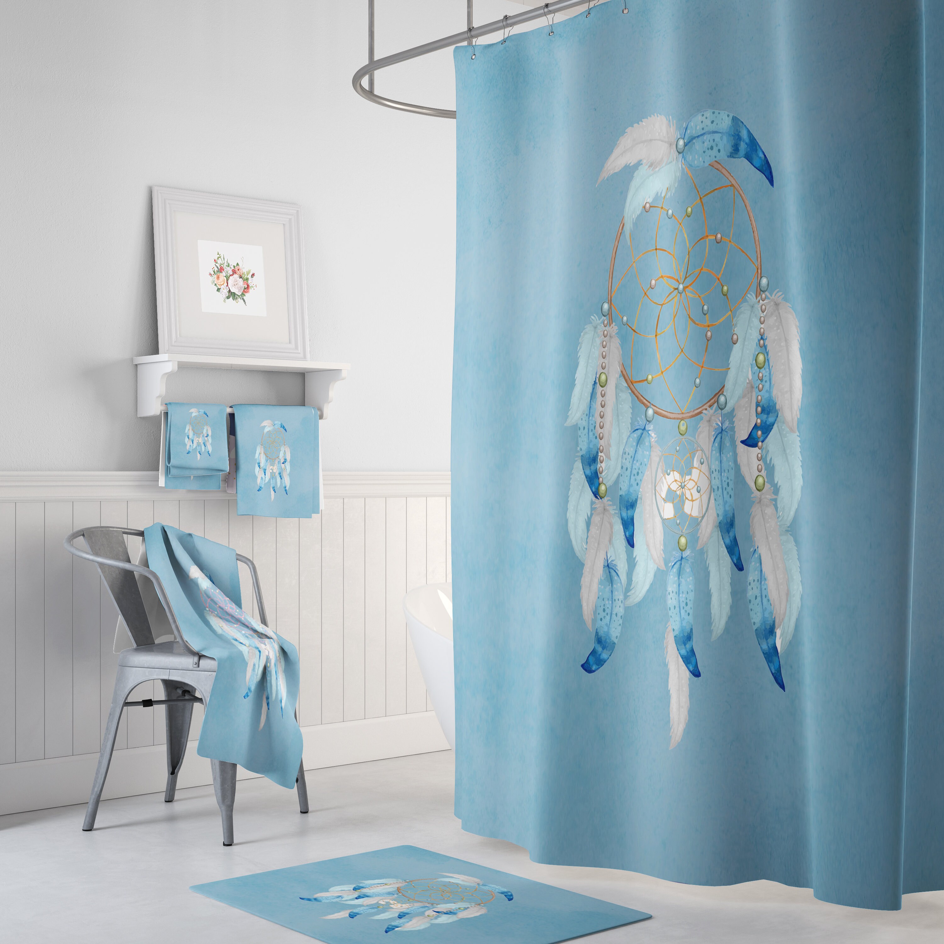 Dreamcatcher Watercolor Shower Curtain with Aqua Bath Accessories