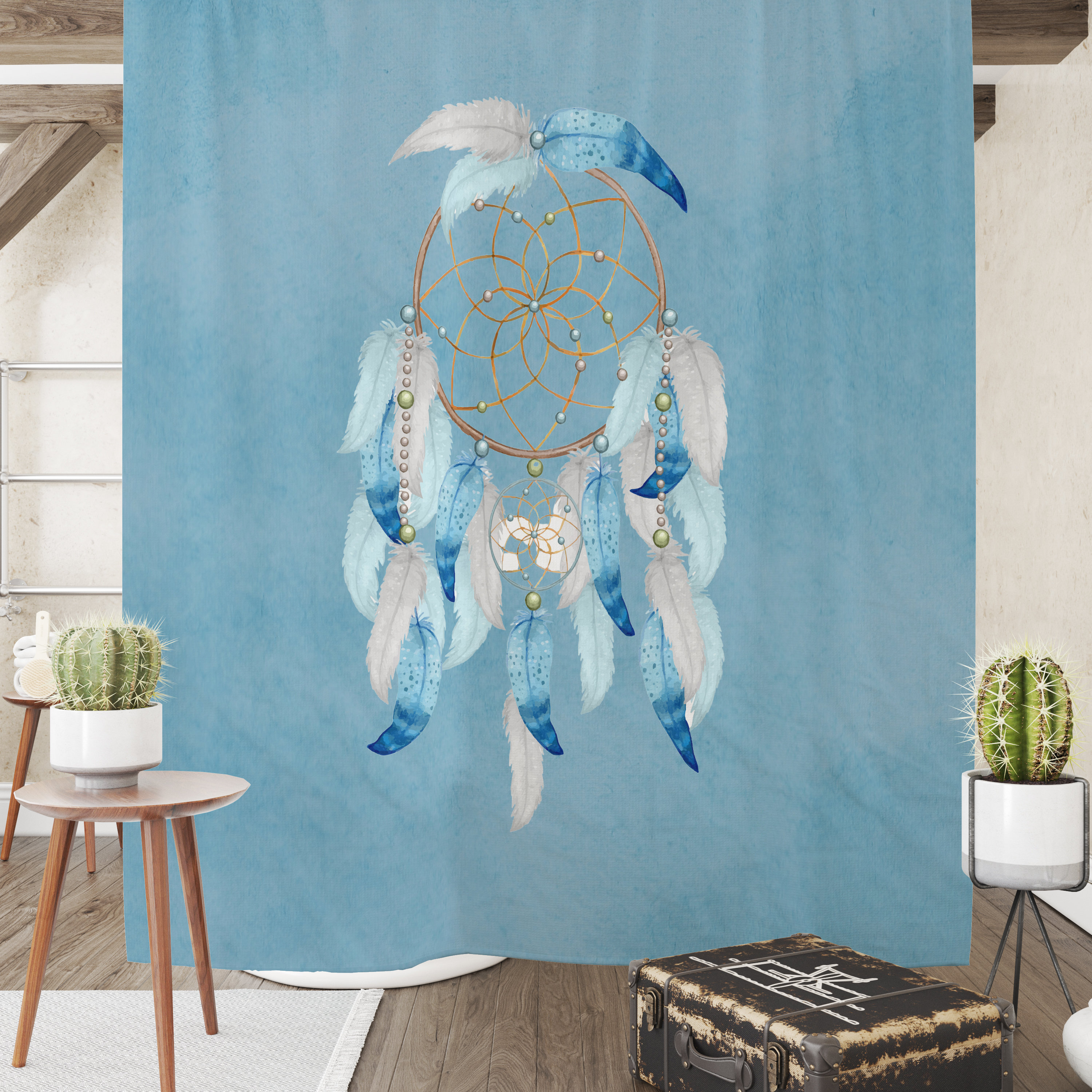 Dreamcatcher Watercolor Shower Curtain with Aqua Bath Accessories - Image 2