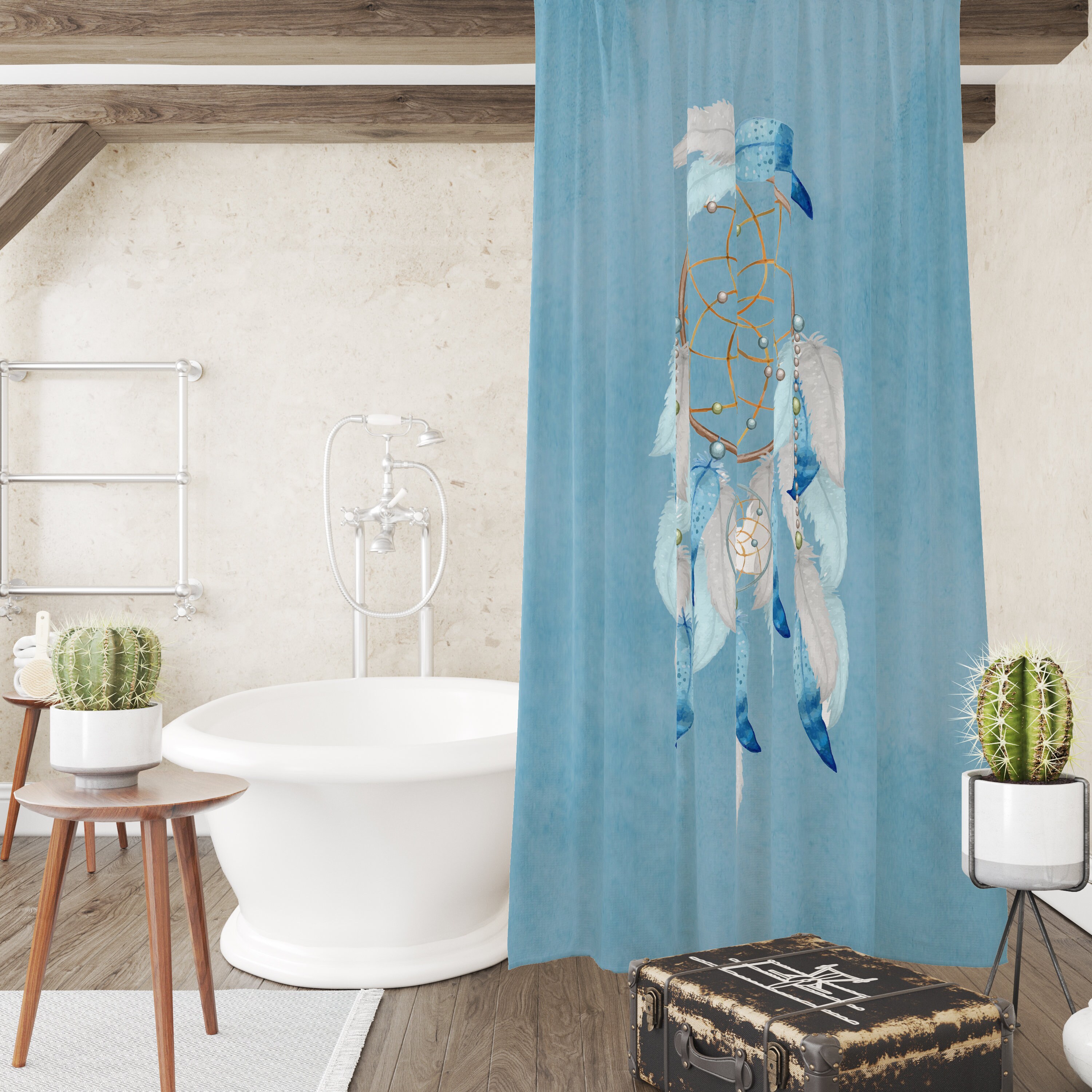 Dreamcatcher Watercolor Shower Curtain with Aqua Bath Accessories - Image 4