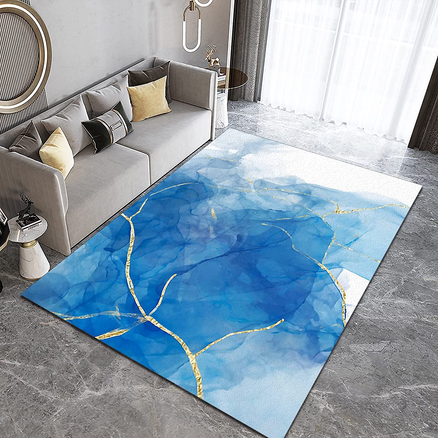 Dreamy Blue Gold Gradient Line Area Rug for Living Room in 70s Style