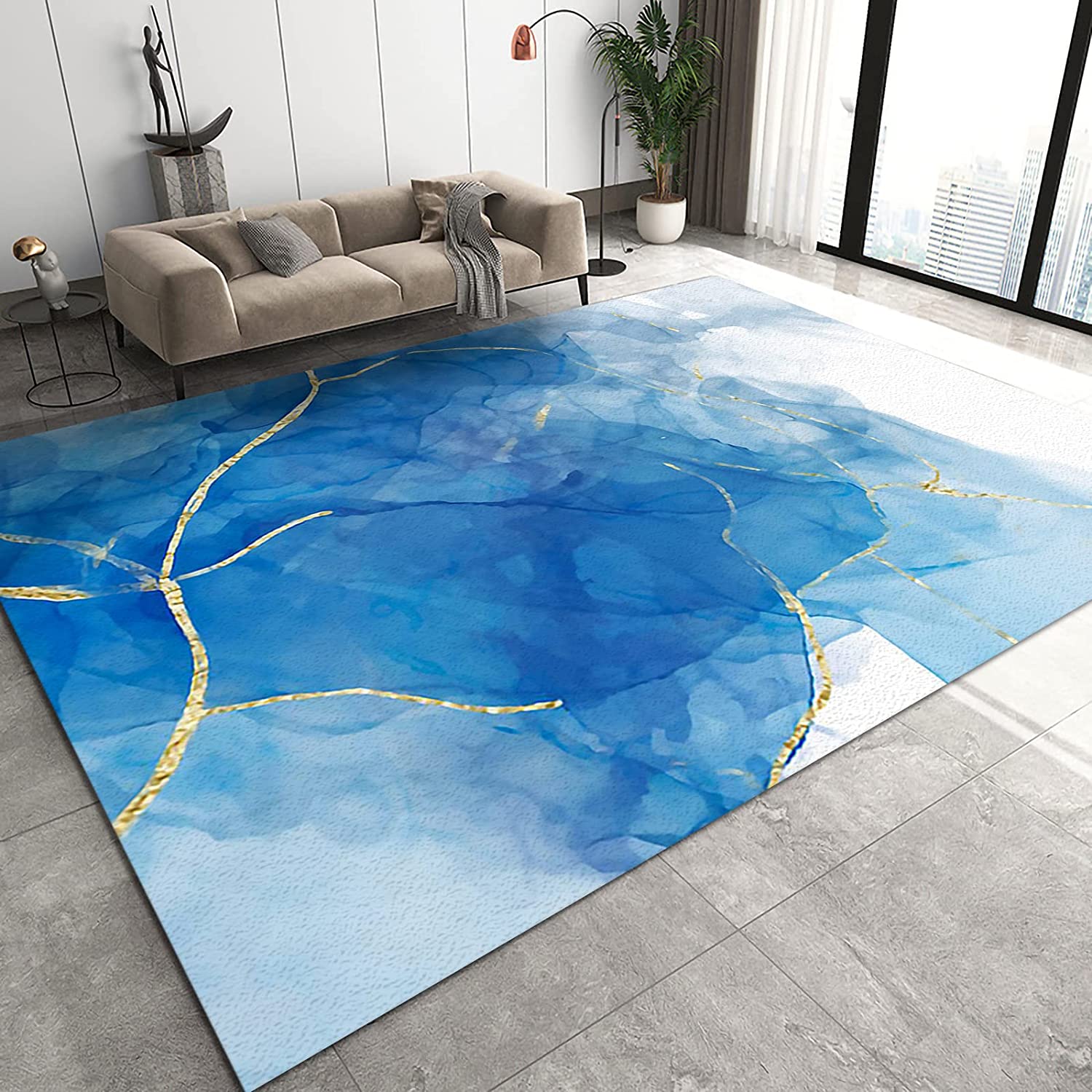 Dreamy Blue Gold Gradient Line Area Rug for Living Room in 70s Style - Image 2