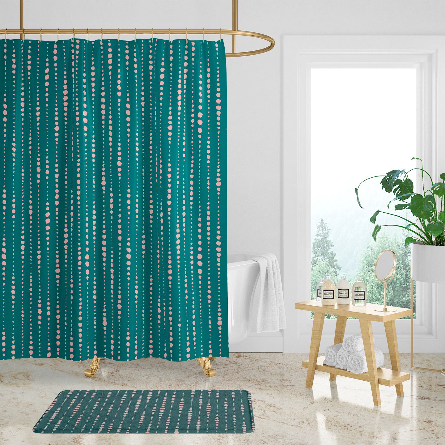 Dusty Pink and Dark Teal Shower Curtain with Green Bath Set, Create a Serene Atmosphere in Your Bathroom - Image 2