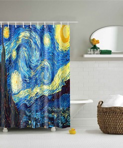 Dutch Painter Starry Night Moon Shower Curtain | Famous Oil Painting Blue Night Bathroom Curtain