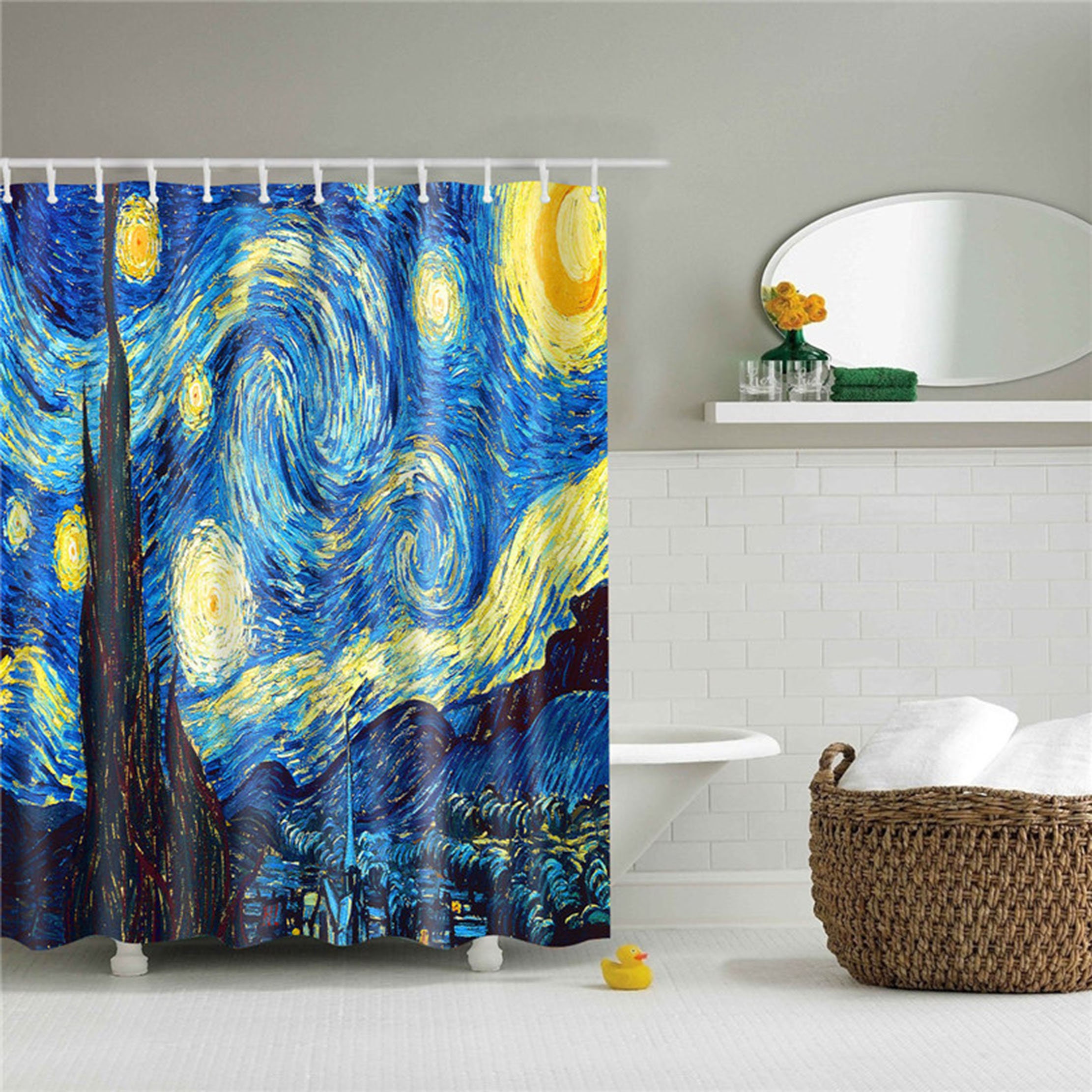 Dutch Painter Starry Night Moon Shower Curtain | Famous Oil Painting Blue Night Bathroom Curtain