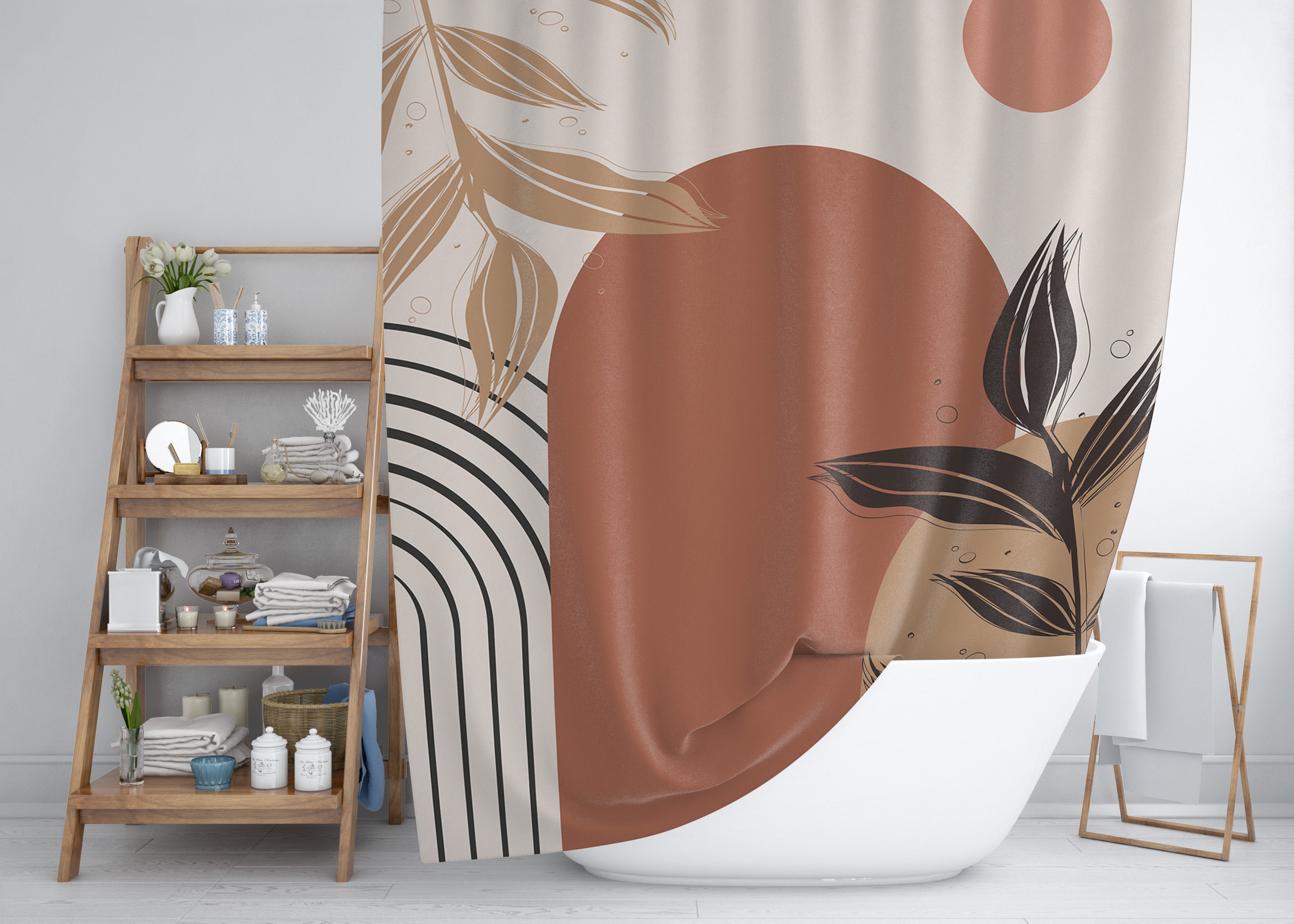 Earth Tones Brown Bohemian Shower Curtain / Abstract Bath Curtain / Modern Bathroom Design / Vintage-Inspired - Image 2