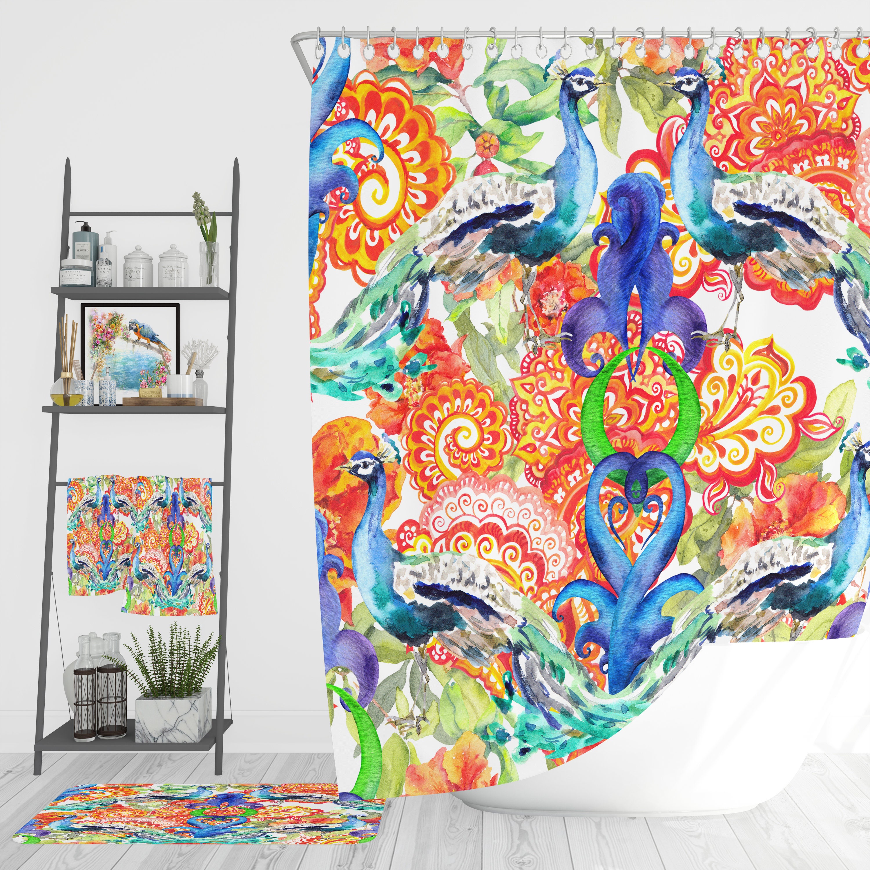 Eclectic Peacock Feather Shower Curtain Set with Elegant Bath Decor