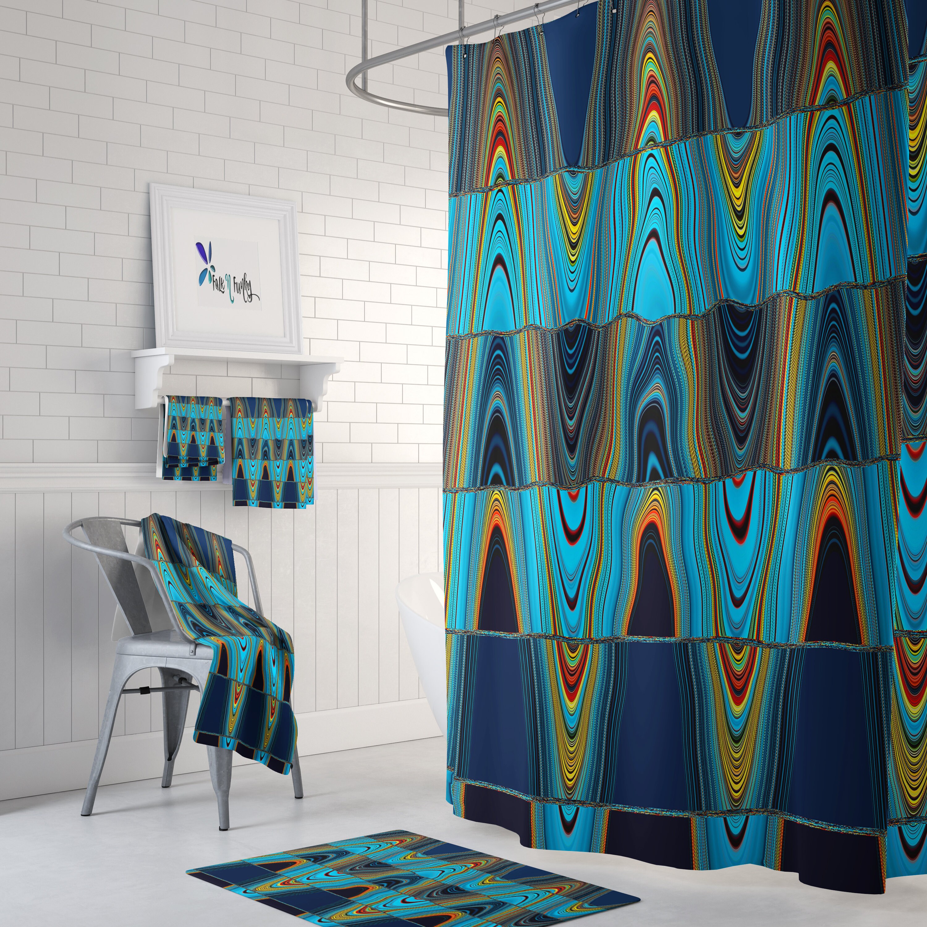 Eclectic Wave Shower Curtain, Blue Boho Bathroom Decor with Shower Curtains Decorative Print