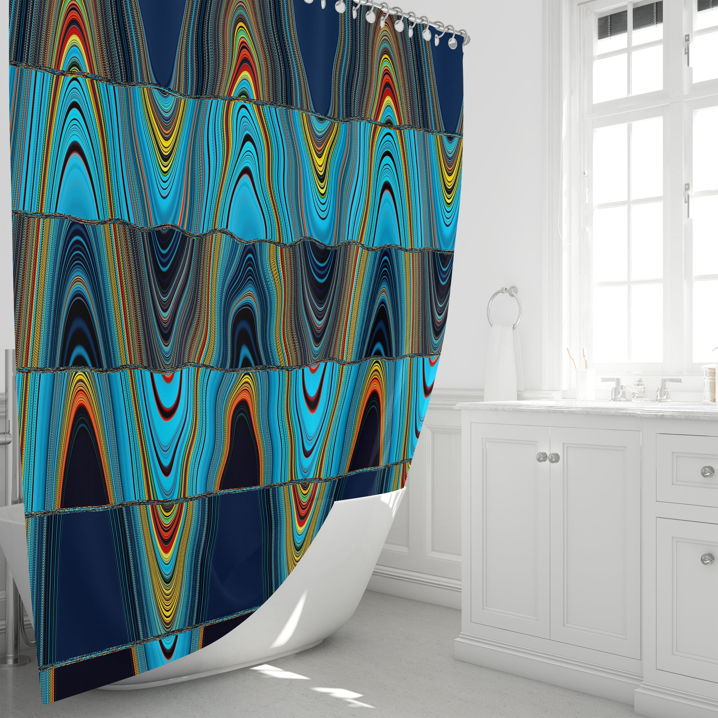 Eclectic Wave Shower Curtain, Blue Boho Bathroom Decor with Shower Curtains Decorative Print - Image 2
