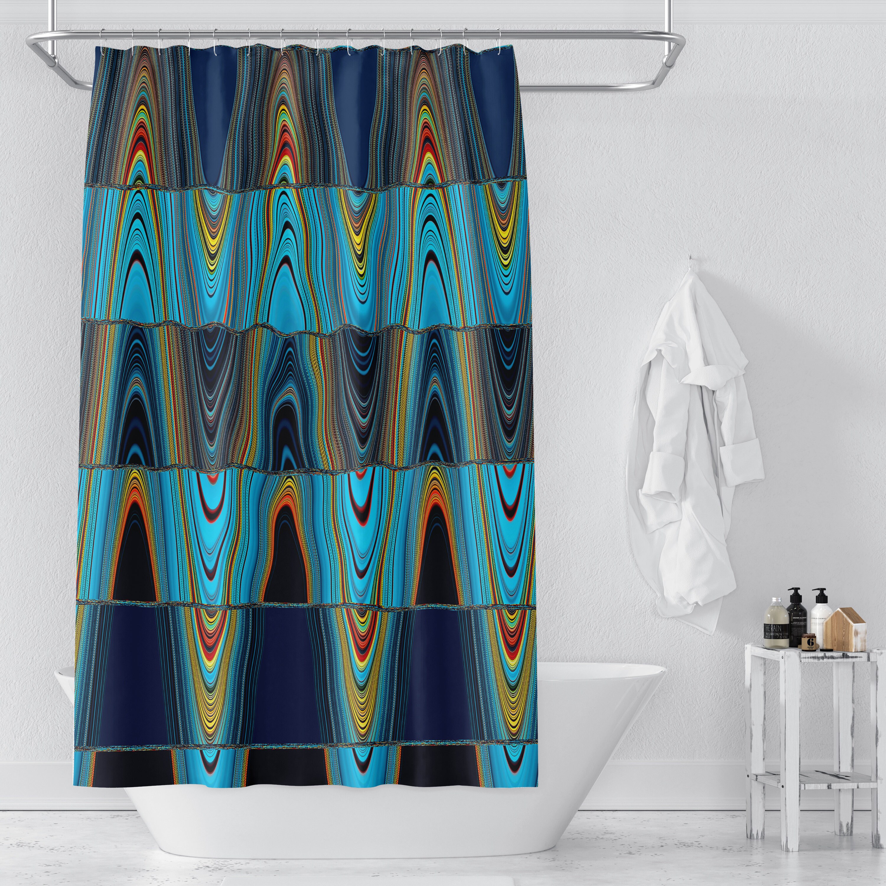 Eclectic Wave Shower Curtain, Blue Boho Bathroom Decor with Shower Curtains Decorative Print - Image 3