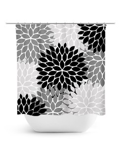 Elegant Black and Gray Floral Shower Curtain, Girl Bathroom Decor with Custom Bathtub Curtain and Fabric Material