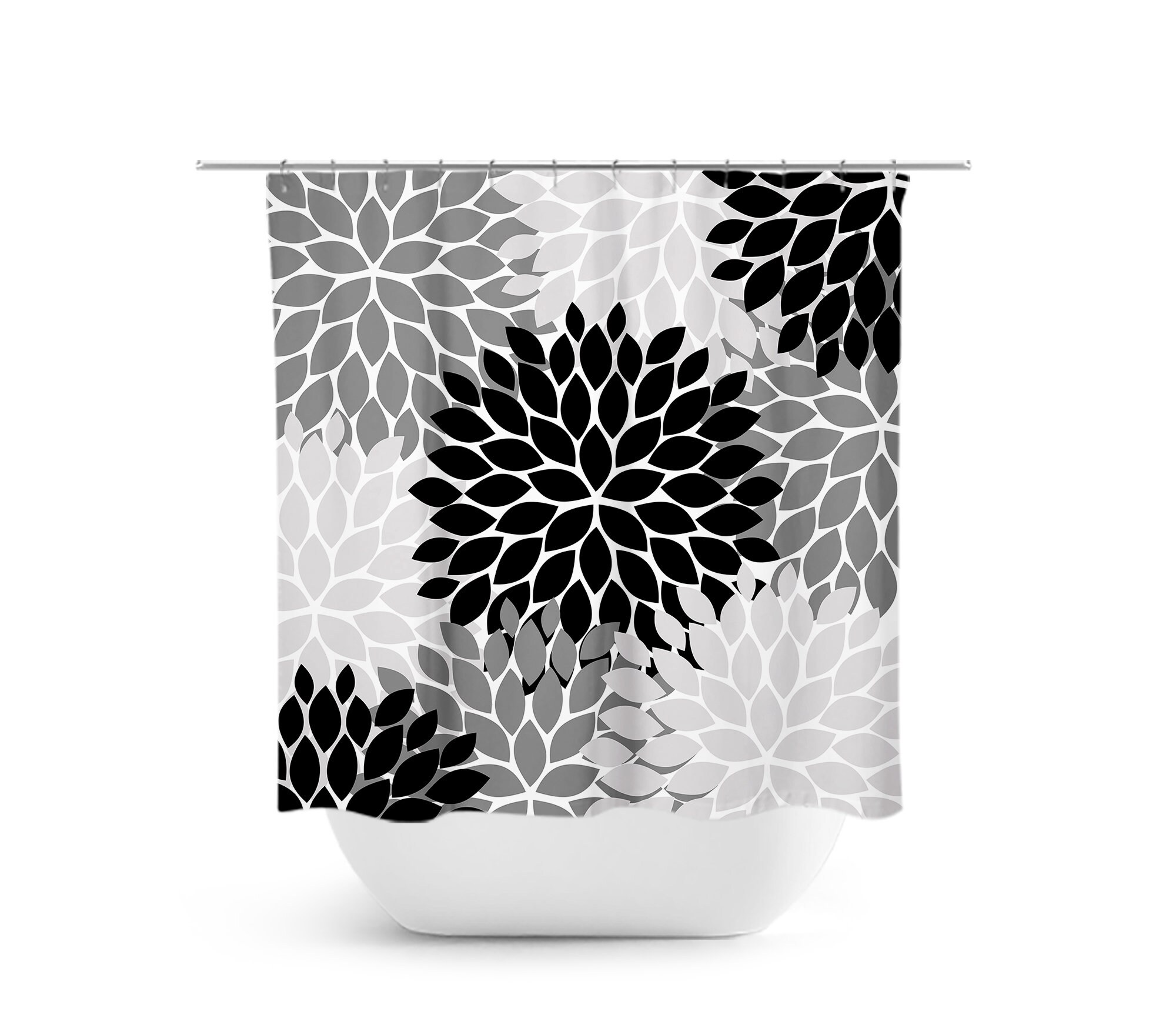 Elegant Black and Gray Floral Shower Curtain, Girl Bathroom Decor with Custom Bathtub Curtain and Fabric Material