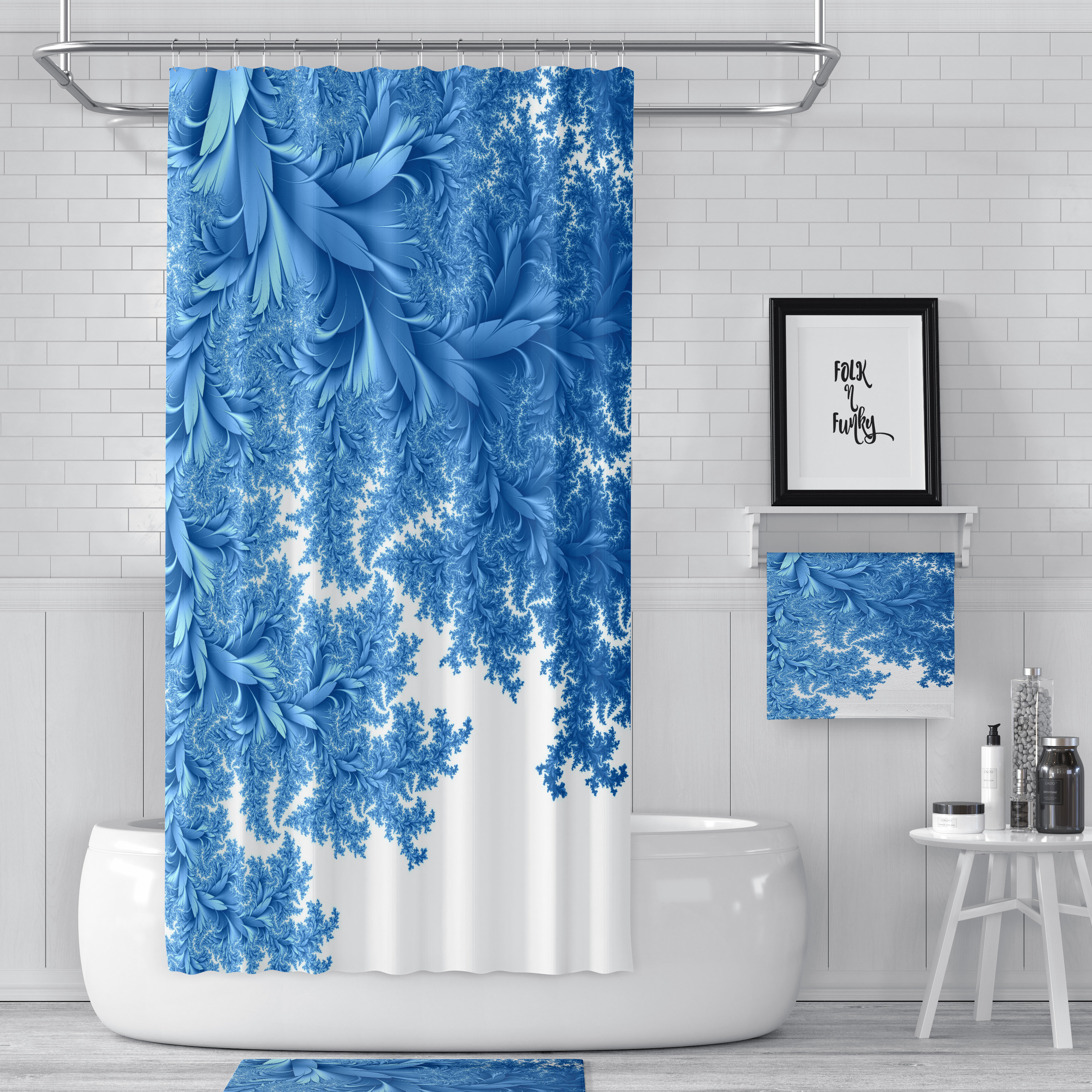 Elegant Blue Shower Curtain with Draping Leaves and White Bath Accessories - Image 2