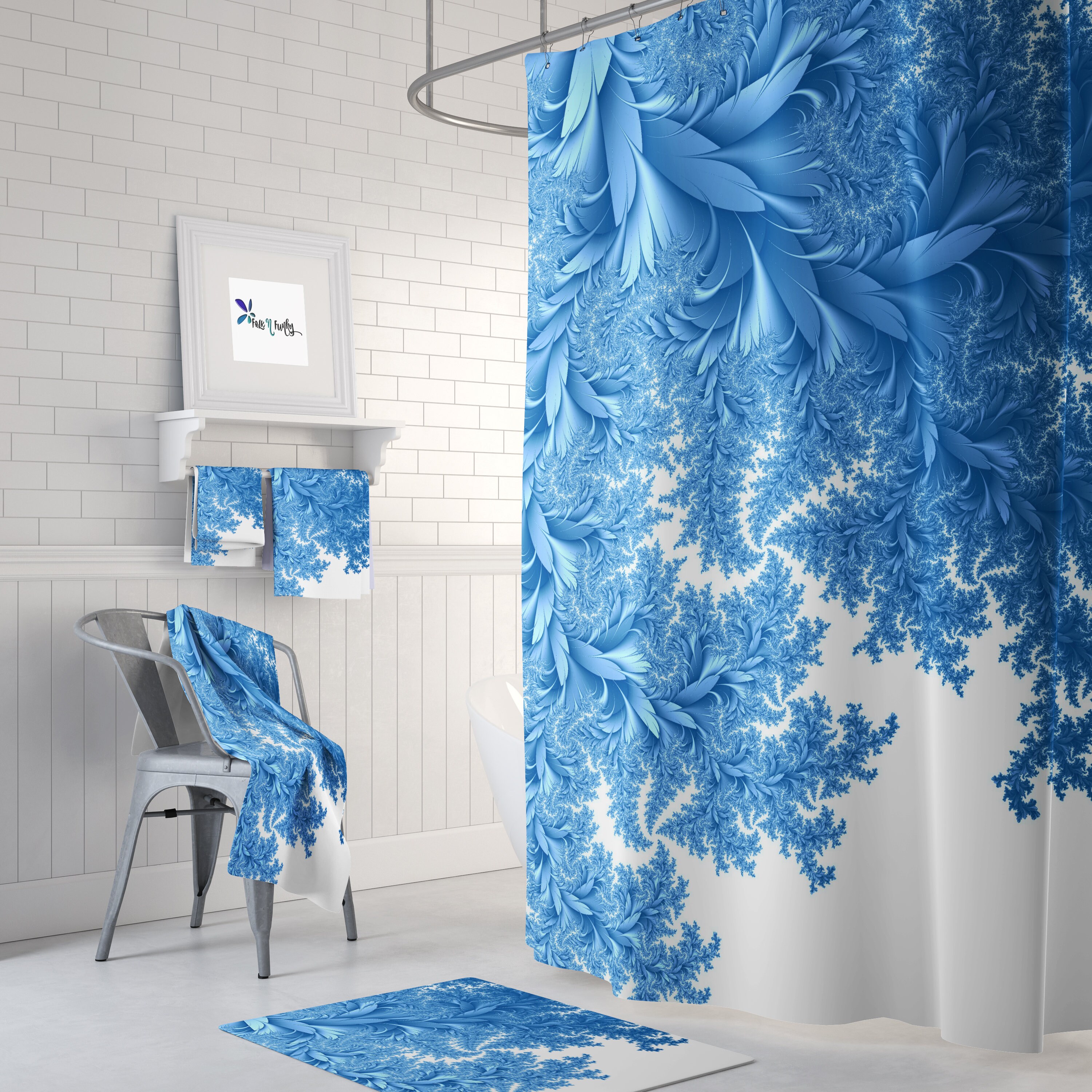 Elegant Blue Shower Curtain with Draping Leaves and White Bath Accessories - Image 3