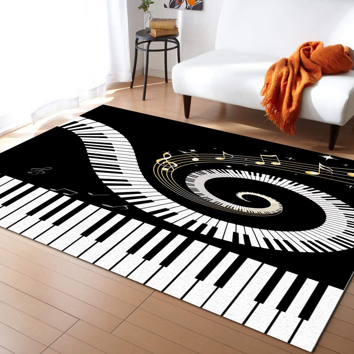 Elegant Piano Keys Staff Vortex Area Rug for Music Lovers' Living Room and Bedroom