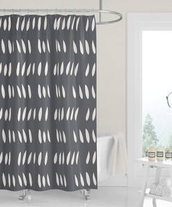 Elegant White Shower Curtain with Gray and Green Abstract Leaves and Rain Drops for Neutral and Minimalist Bathrooms