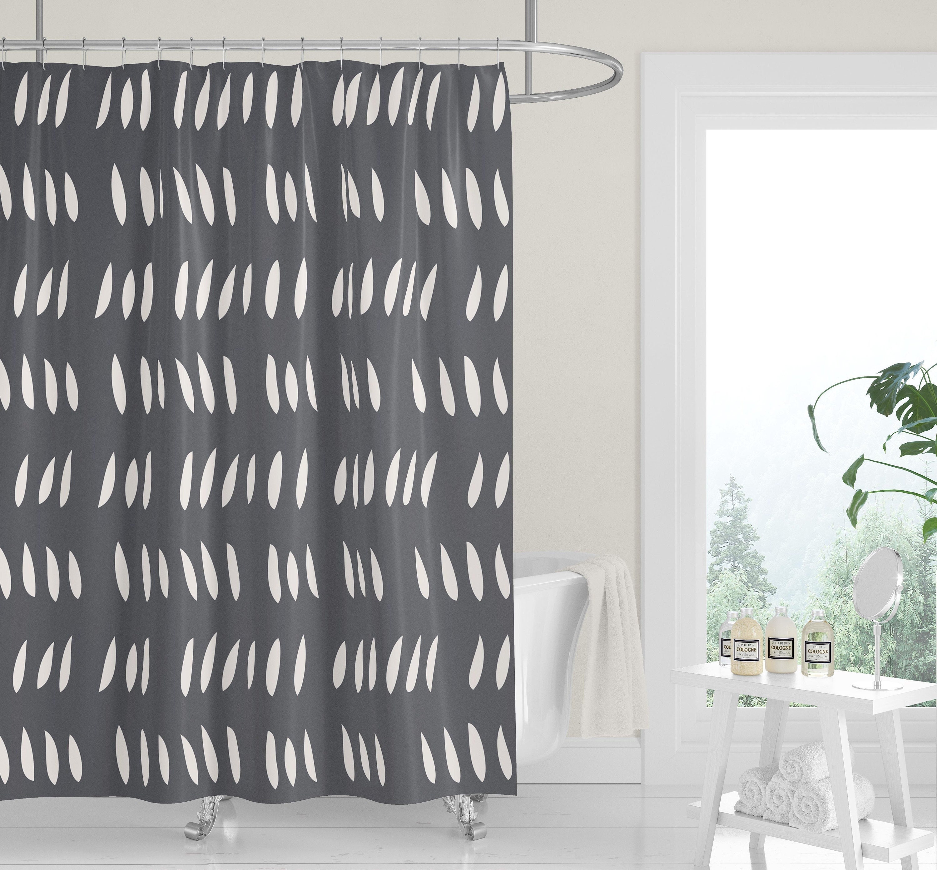 Elegant White Shower Curtain with Gray and Green Abstract Leaves and Rain Drops for Neutral and Minimalist Bathrooms
