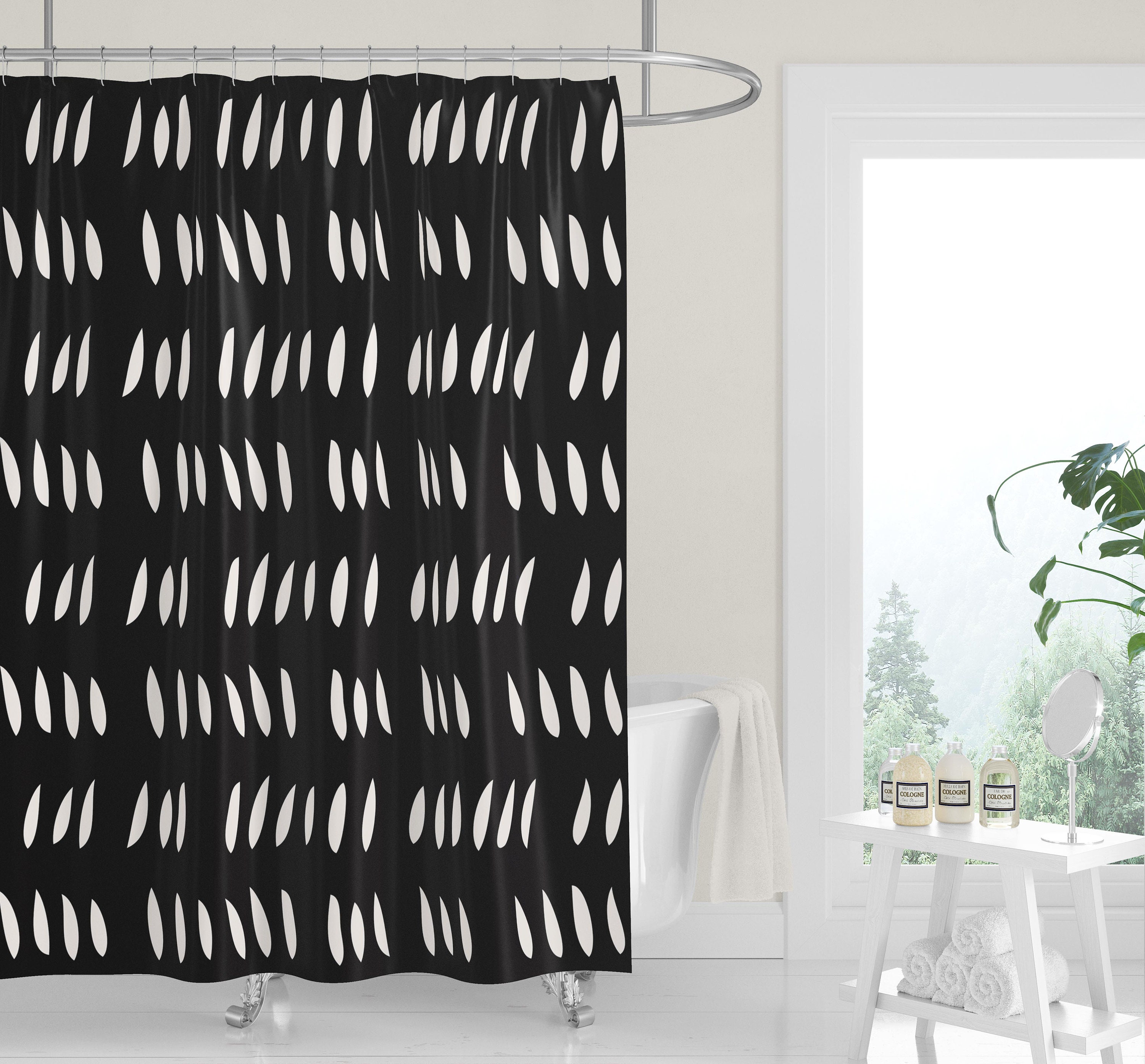 Elegant White Shower Curtain with Gray and Green Abstract Leaves and Rain Drops for Neutral and Minimalist Bathrooms - Image 2