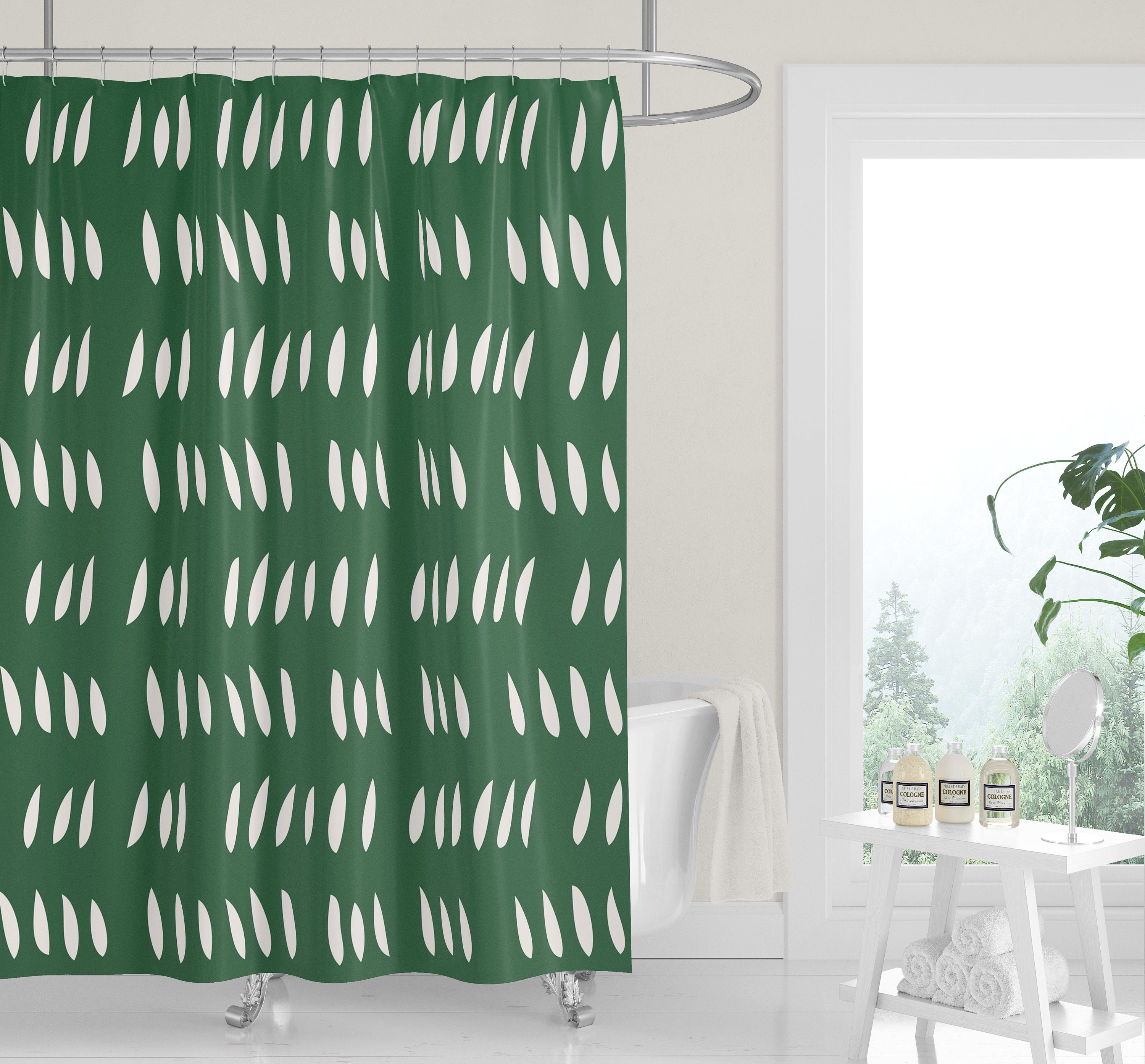 Elegant White Shower Curtain with Gray and Green Abstract Leaves and Rain Drops for Neutral and Minimalist Bathrooms - Image 4